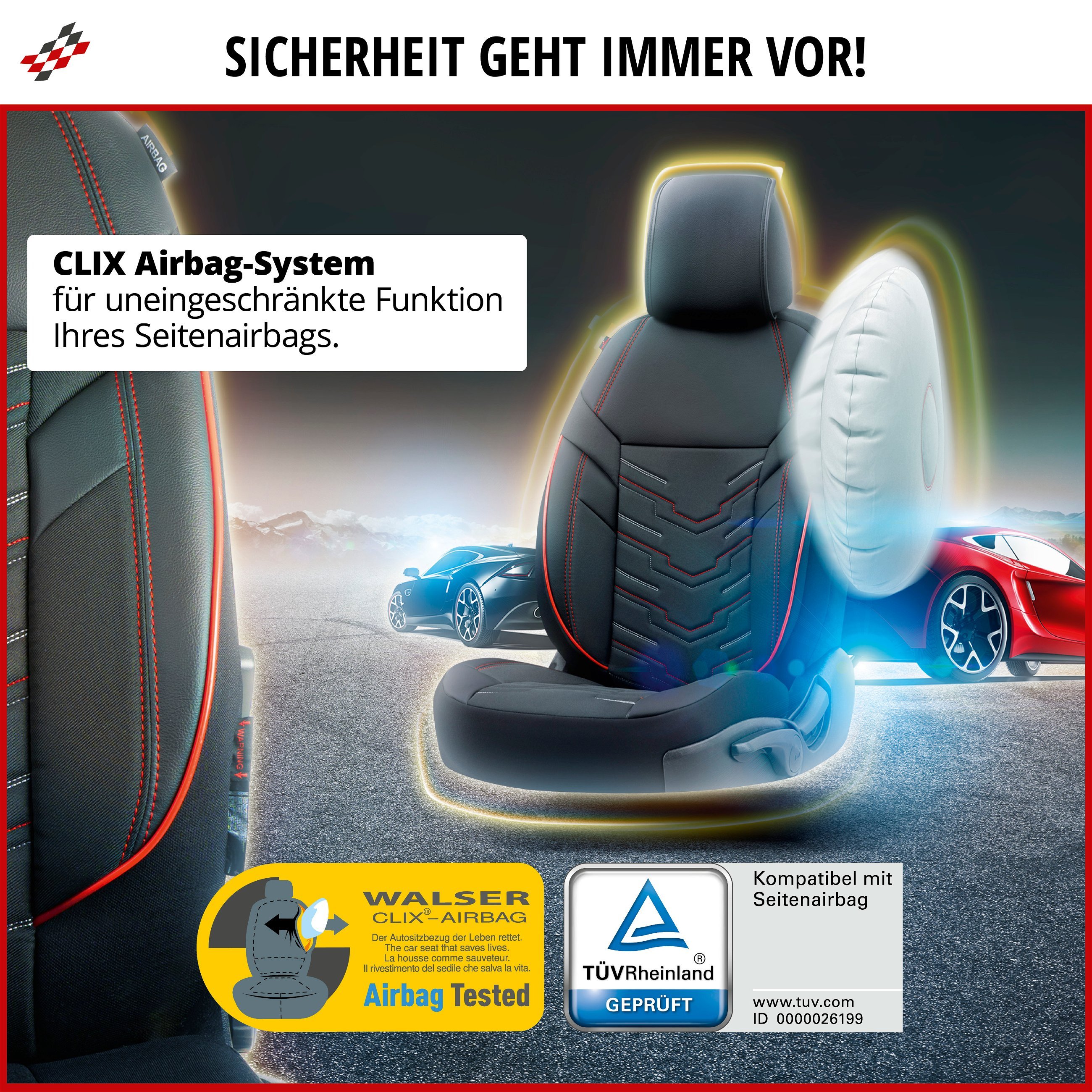 Autositzbezug ZIPP-IT Deluxe Marbella, PKW-Schonbezüge für 2 Vordersitze mit Reißverschluss-System schwarz/rot