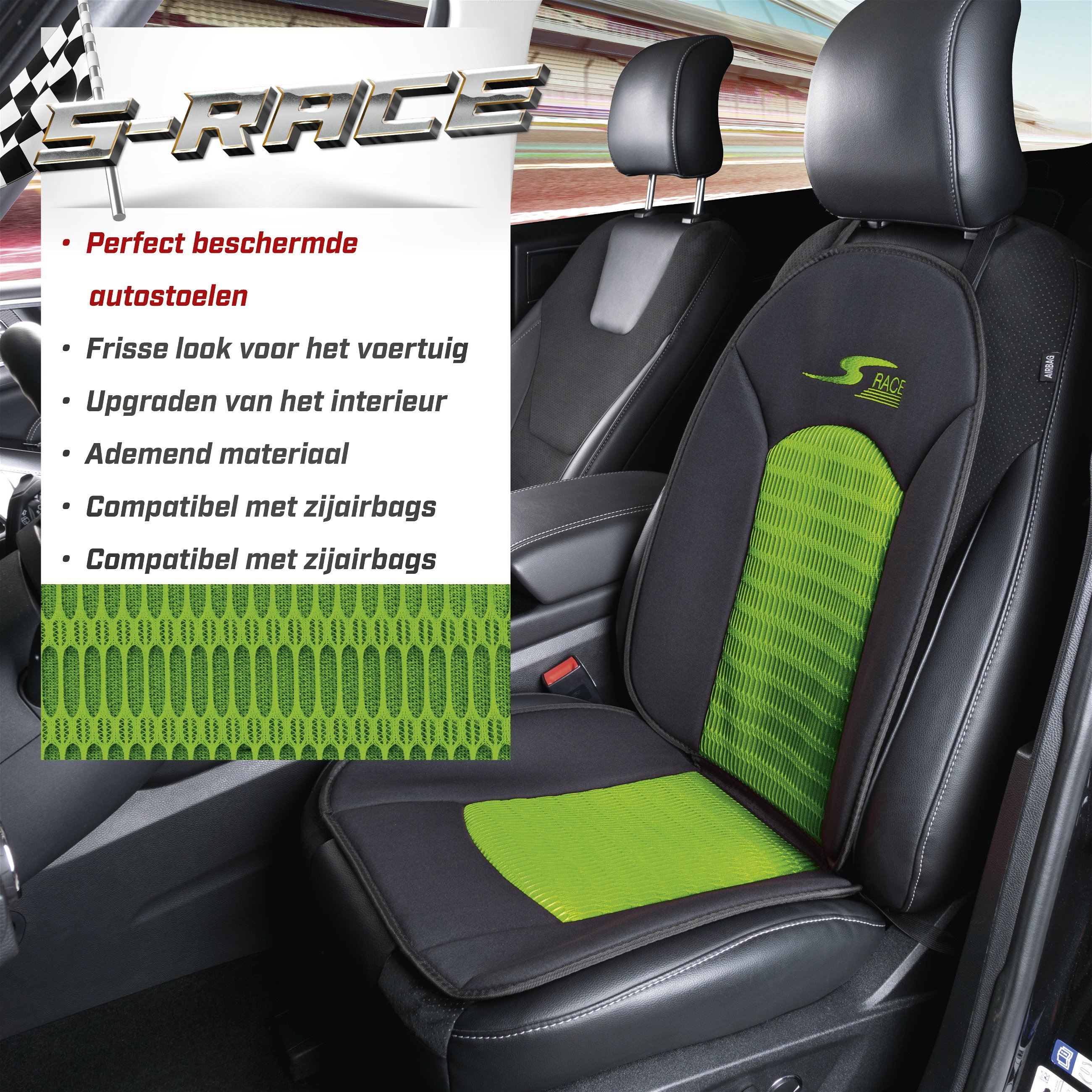 Autostoelhoes, bekleding S-Race in groen/zwart