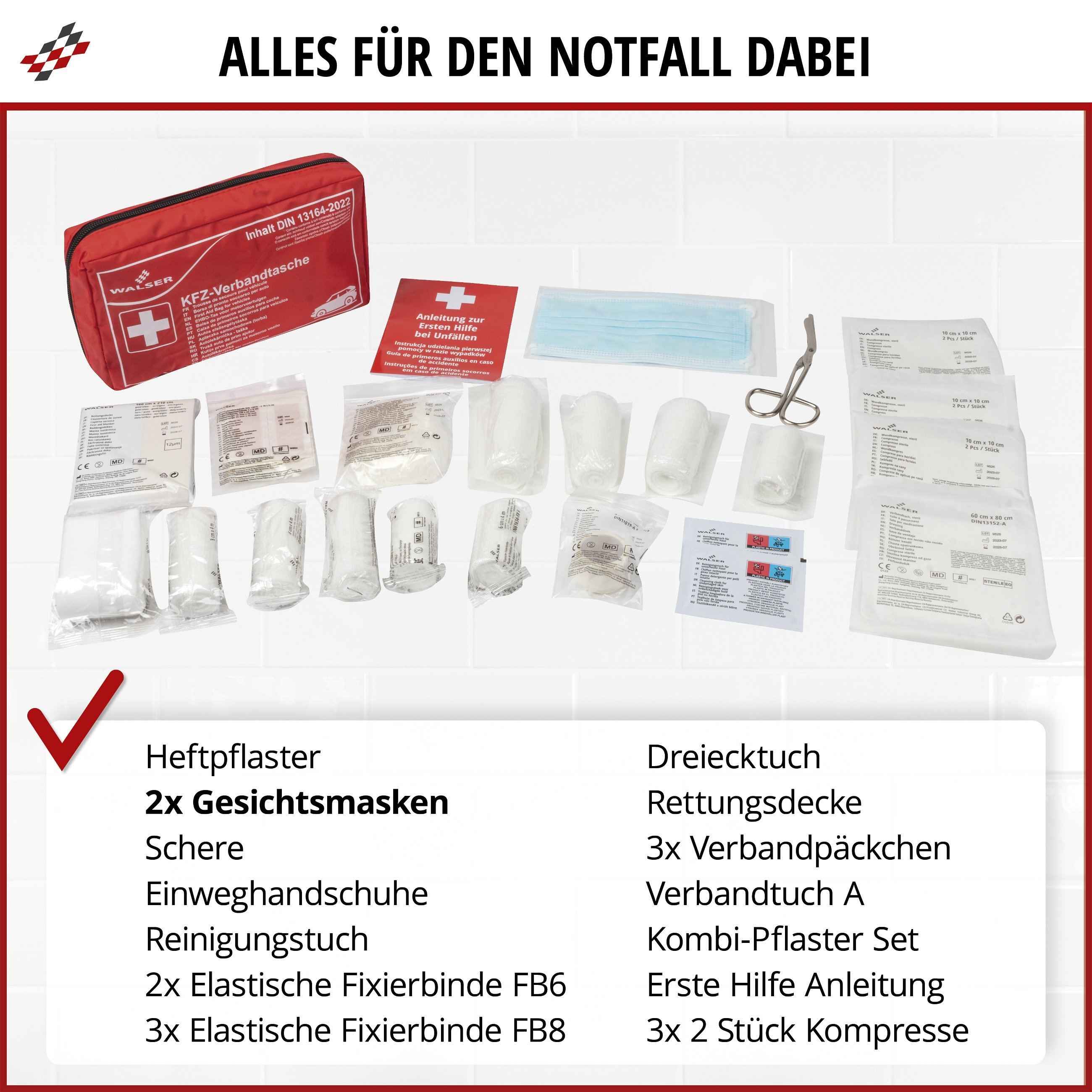 Verbandtasche Erste-Hilfe DIN13164-2022 (MHD 10.2027) + Warnweste GELB +  Warndreieck 