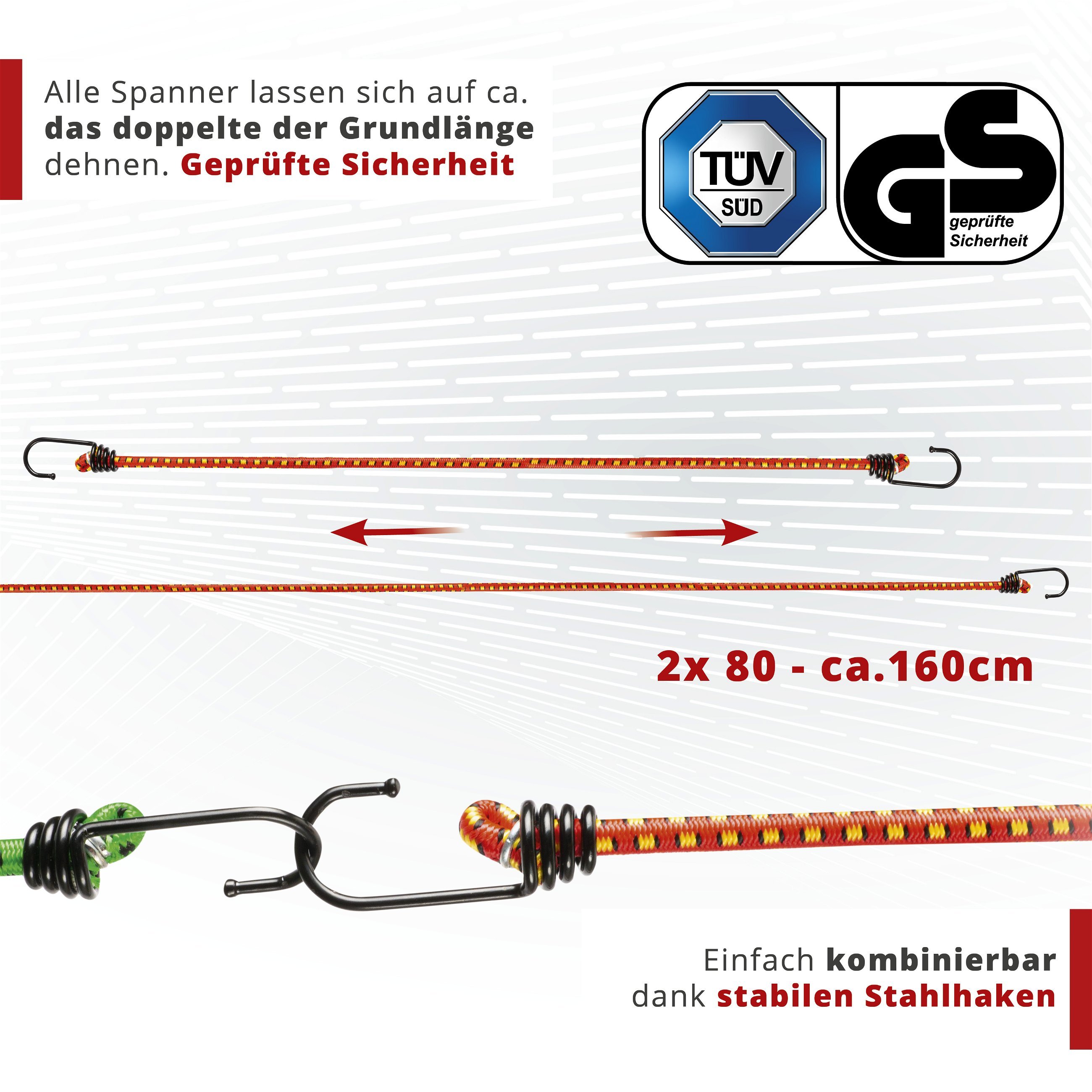 Gepäckspanner mit Haken, Spanngummi-Set, 2 Spanngurte 80 cm rot