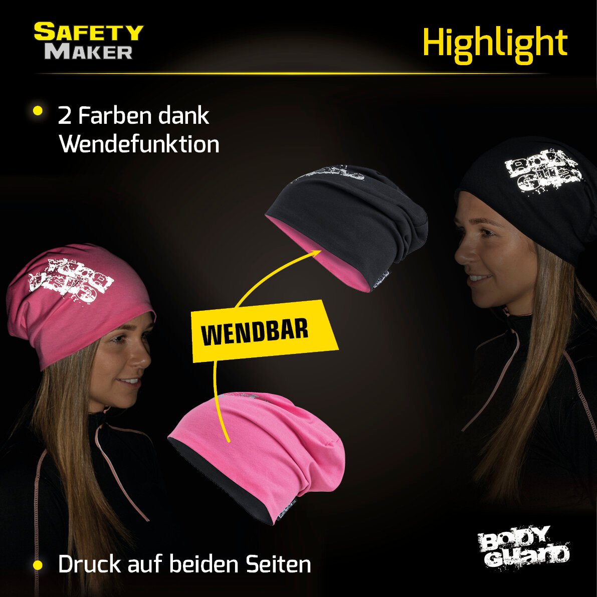 Wende Beanie, Mütze, Sportmütze mit reflektierendem Druck pink-silber