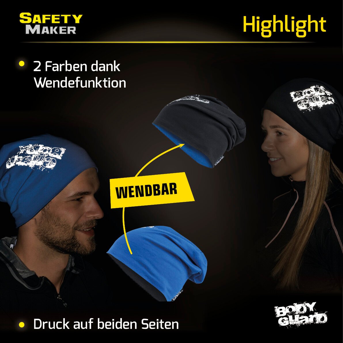 Wende Beanie, Mütze, Sportmütze mit reflektierendem Druck blau-silber