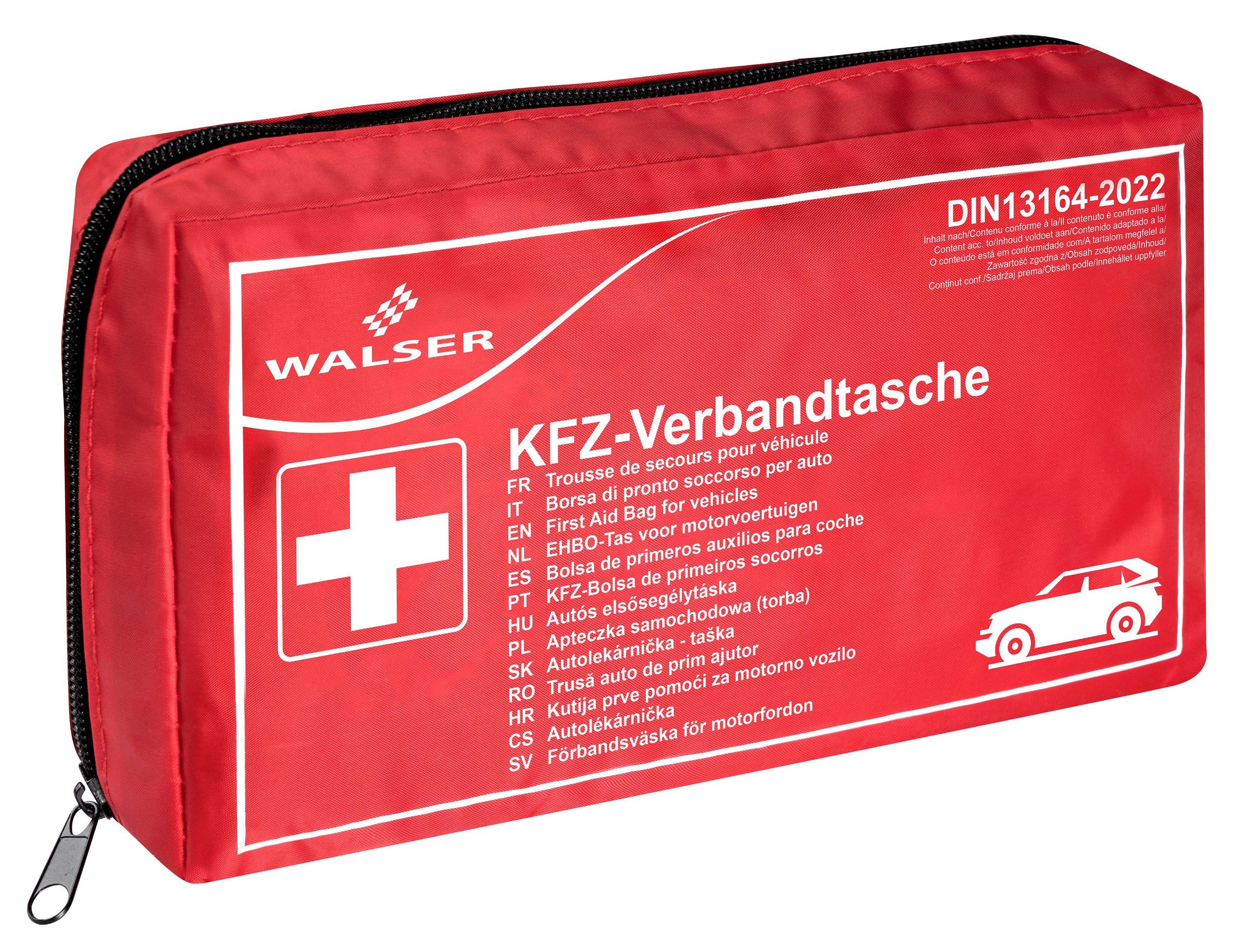 Red first aid kit for the car, compliant with DIN 13164:2022, car