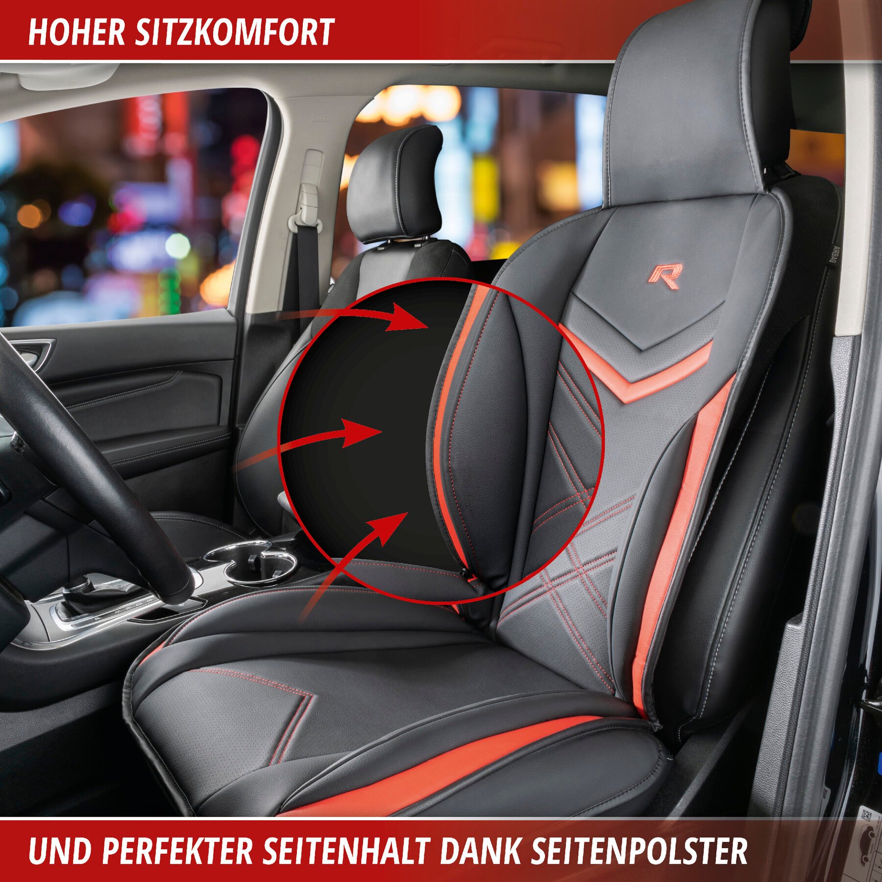 PKW Sitzauflage Rey, Auto-Sitzaufleger schwarz-rot