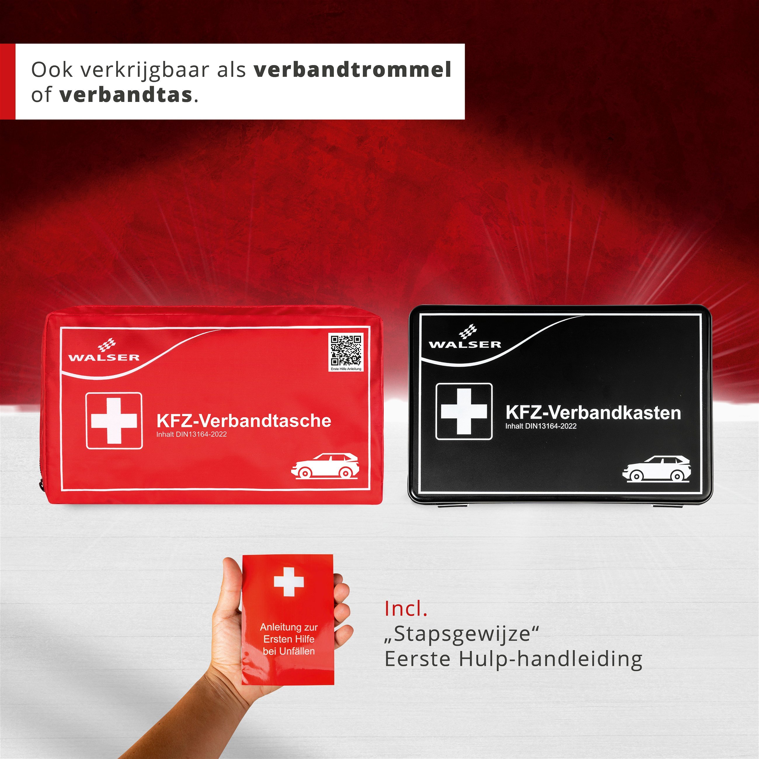 EHBO-tas auto rood volgens DIN 13164:2022 incl. pechdriehoek en high-visibility vest, EHBO-set auto