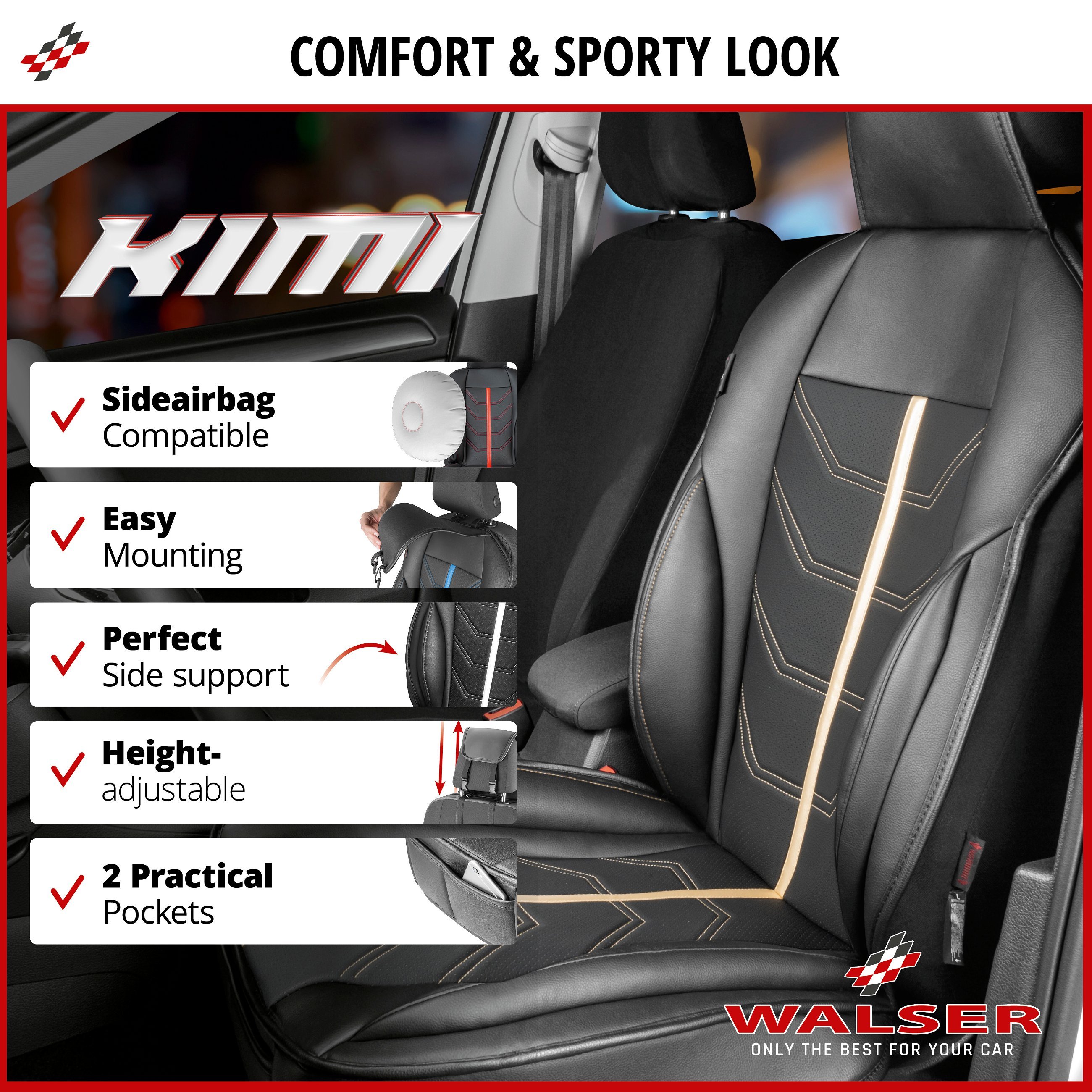 Car Seat cover Kimi, seat protector for cars in racing look black/gold