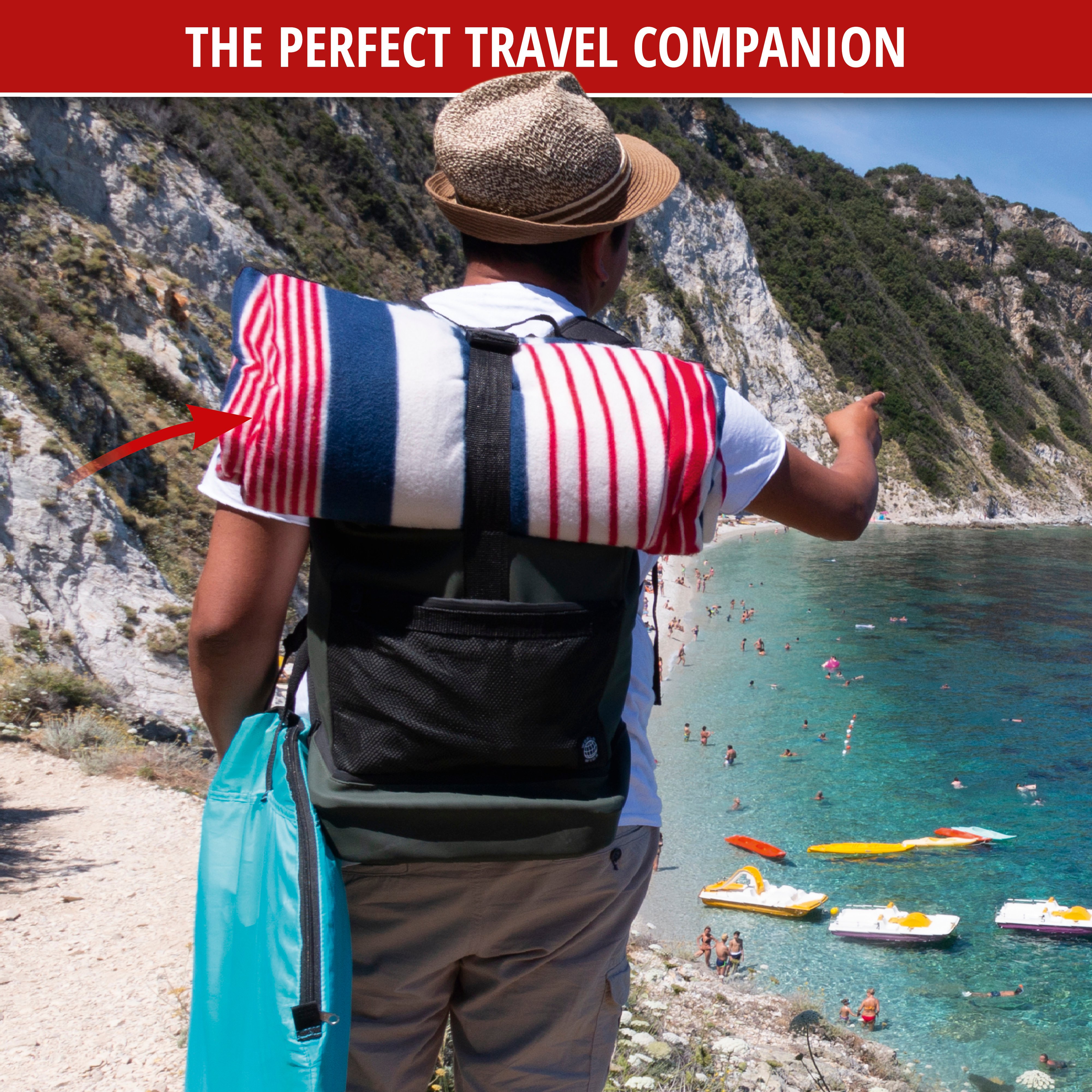 Travel blanket with aluminium back red/blue stripes 200x200cm