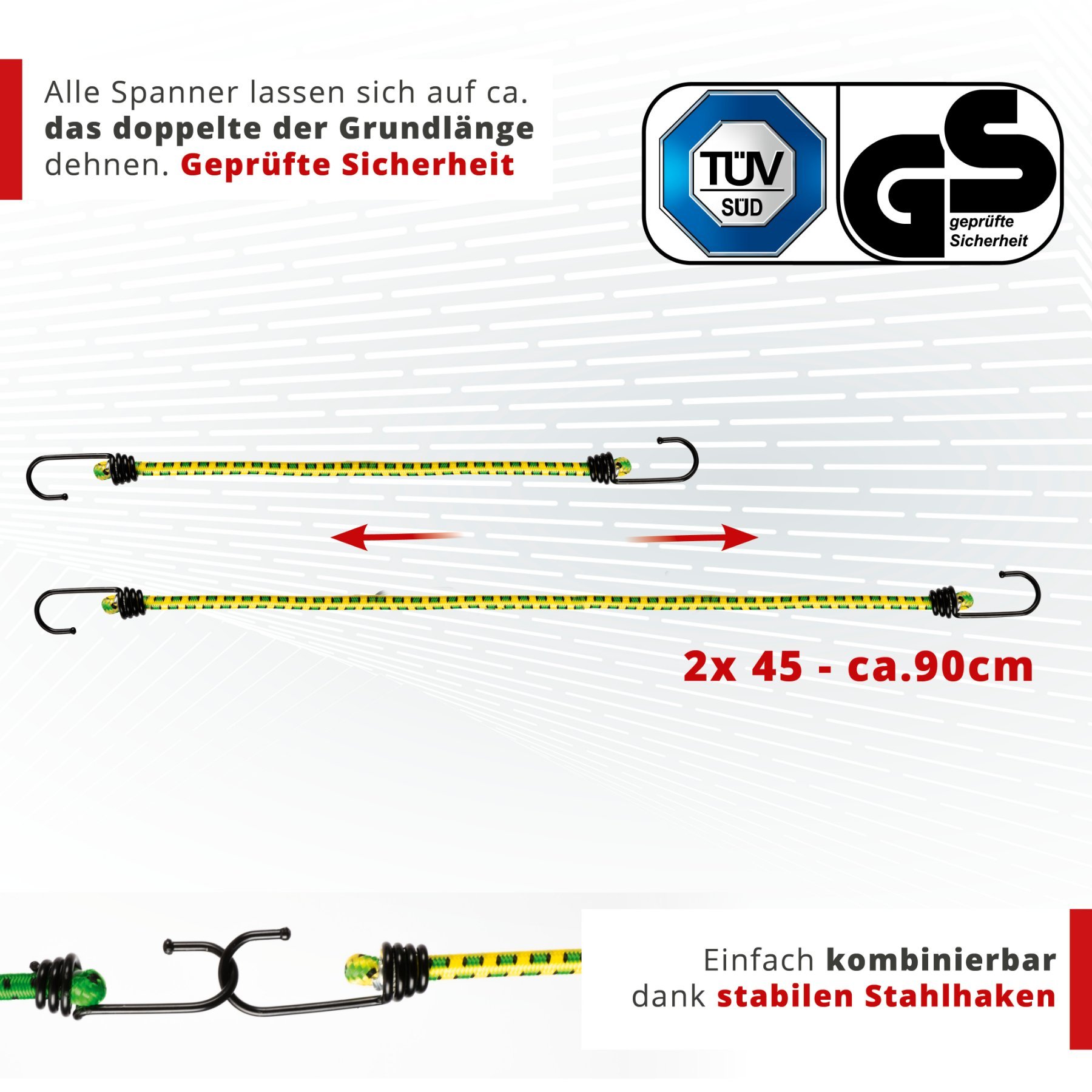 Gepäckspanner mit Haken, Spanngummi-Set, 2 Spanngurte 45 cm gelb