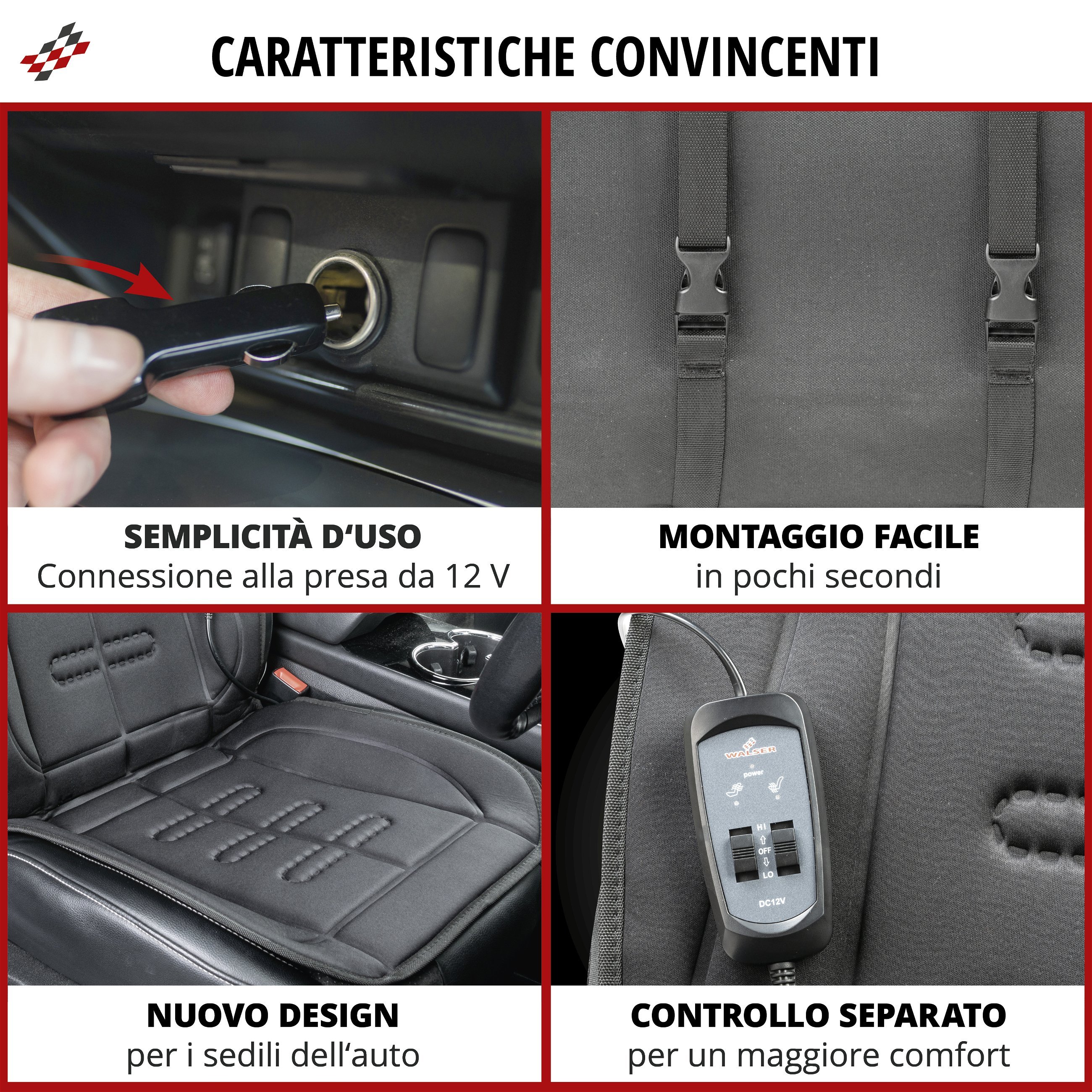 Premium coprisedile riscaldato , modello Caldo - schienale e superficie del  sedile riscaldabili singolarmente, 2 livelli di riscaldamento  selezionabili, riscaldamento del sedile dell'auto con presa a 12 volt, Cuscini di seduta