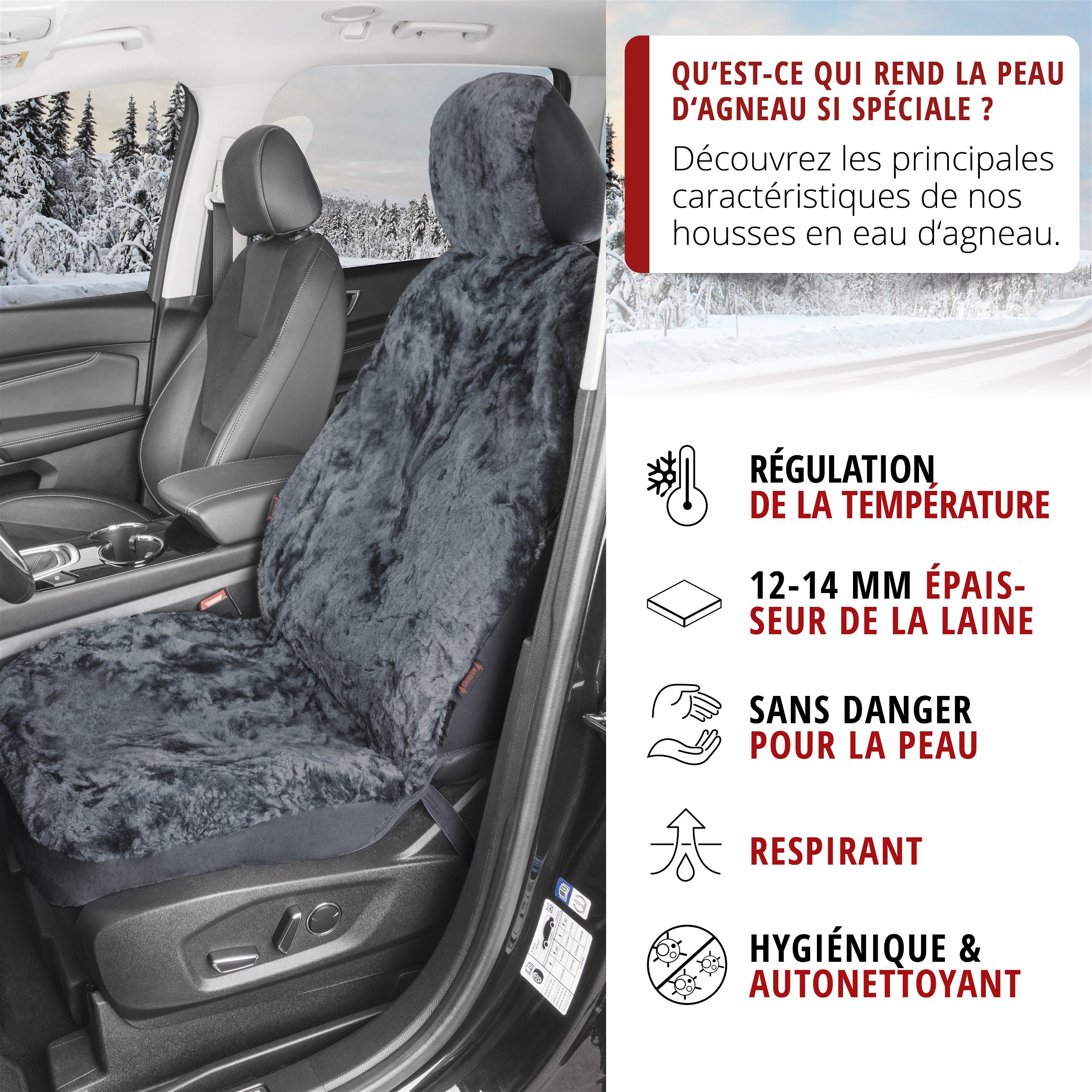 Housses de sièges Iva en peau d'agneau anthracite avec système informatique ZIPP