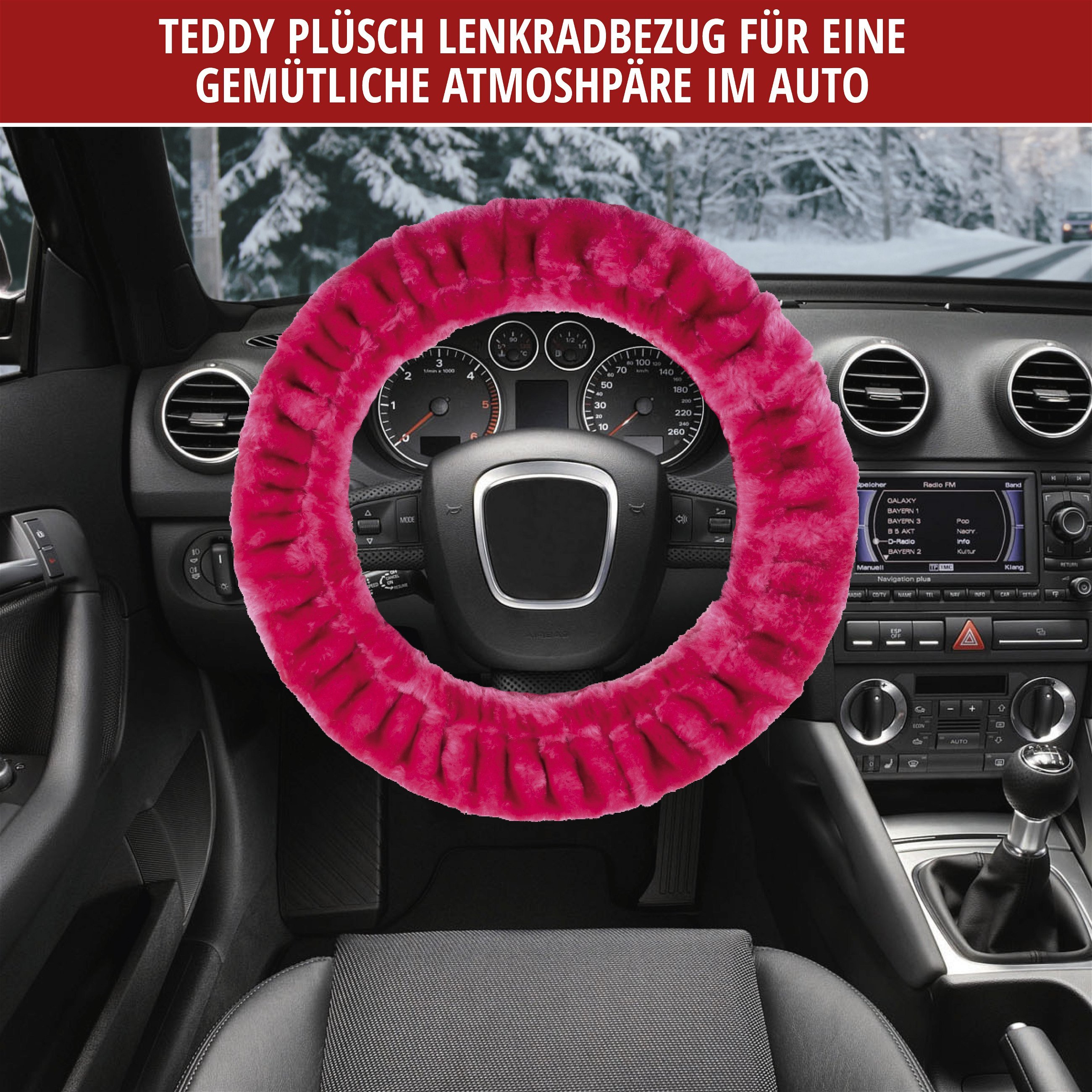 Lenkradhülle Teddy Plüsch, Vegane Lenkradhülle aus Kunstfell, Plüsch-Lenkradschoner pink