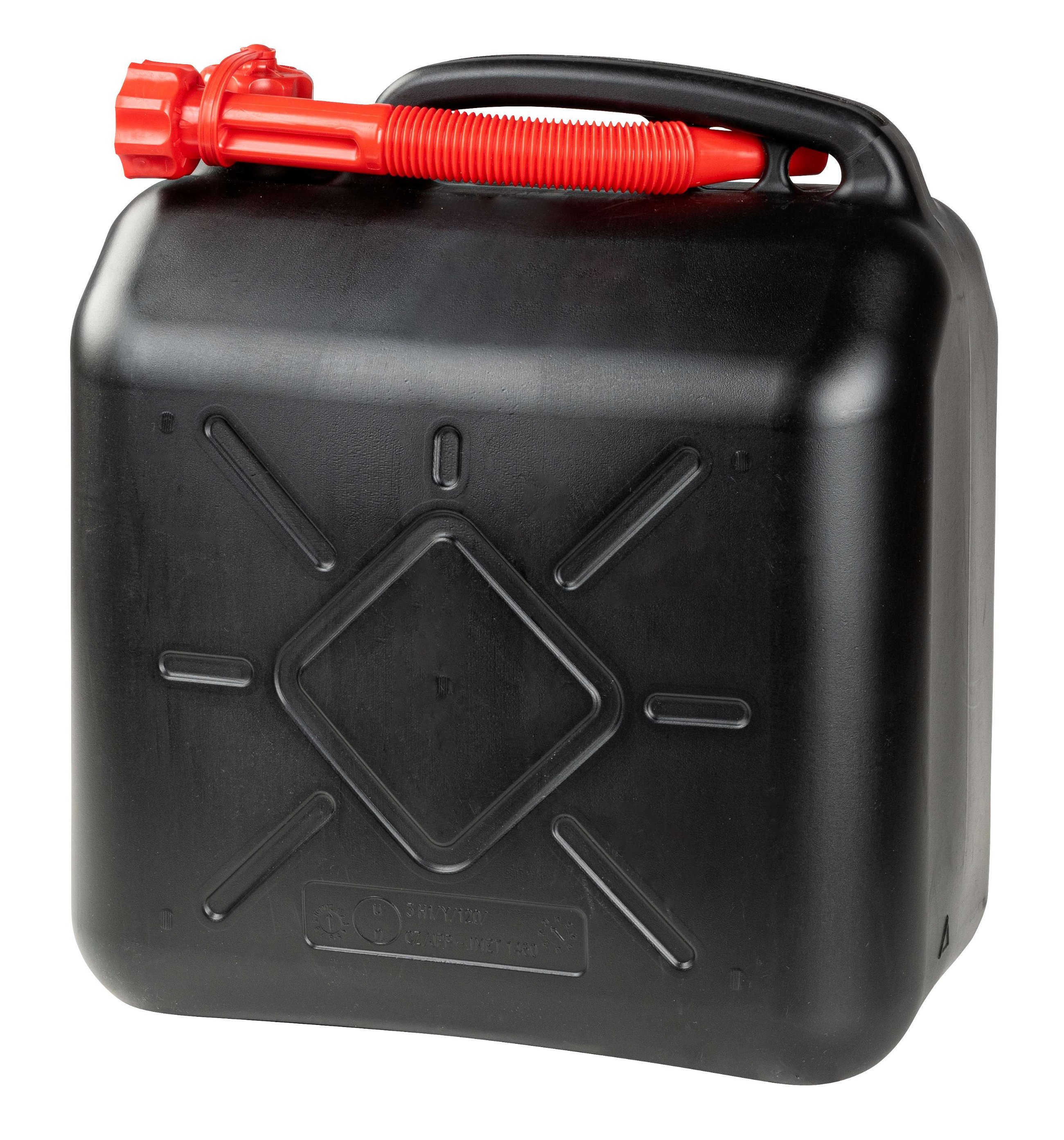 Benzineblik 20 liter, brandstofblik UN-gekeurd, reserveblik met veiligheidssluiting zwart/rood