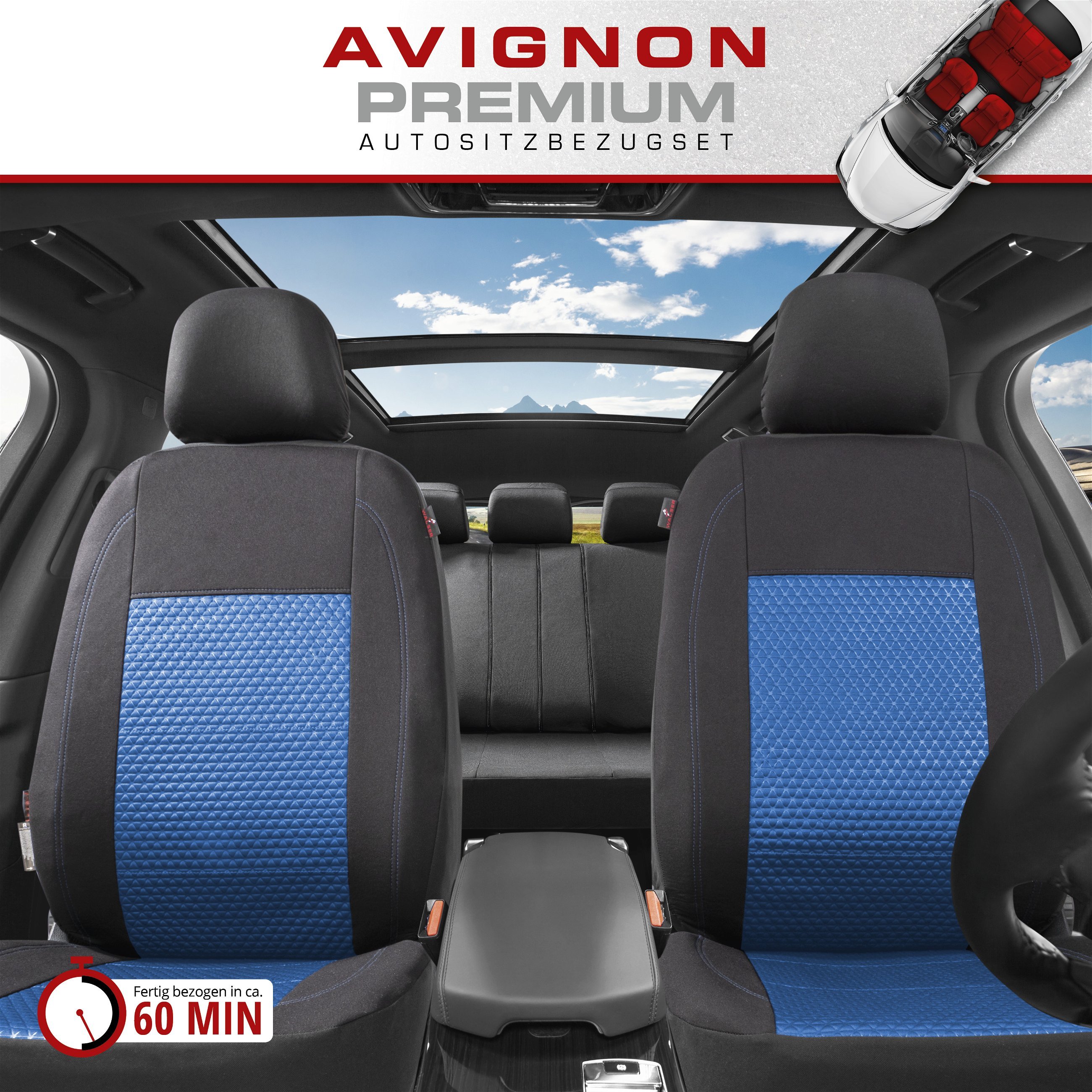 Autositzbezug ZIPP-IT Premium Avignon, PKW-Schonbezüge Komplettset mit Reißverschluss-System schwarz/blau