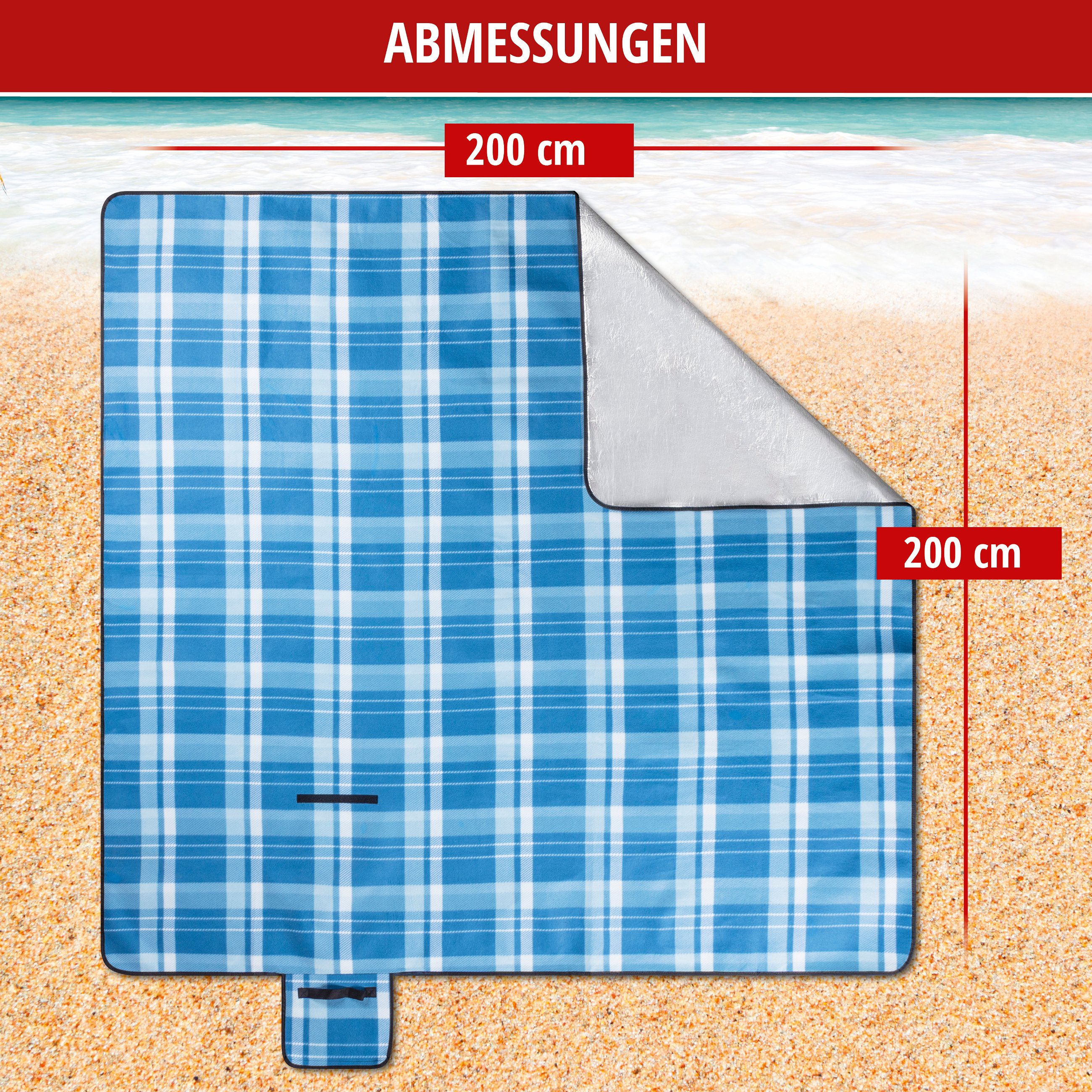 Reisedecke XXL, Campingdecke wärmeisoliert und wasserdicht, Urlaubsdecke mit Tragegriff blau/weiß-karo 200x200 cm
