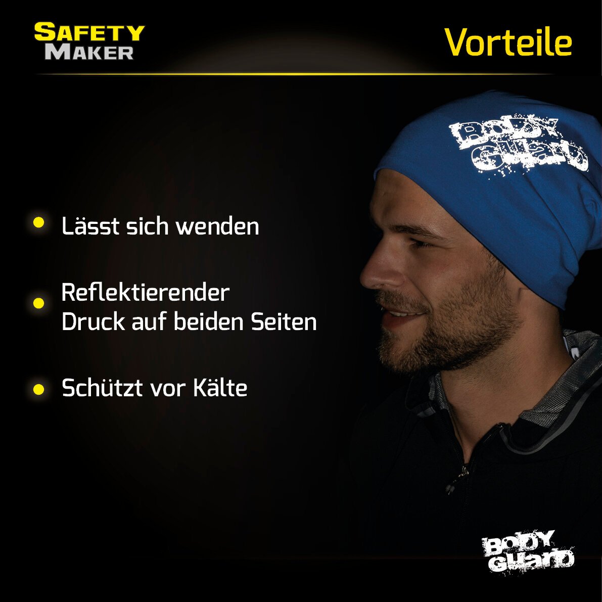 Wende Beanie, Mütze, Sportmütze mit reflektierendem Druck blau-silber