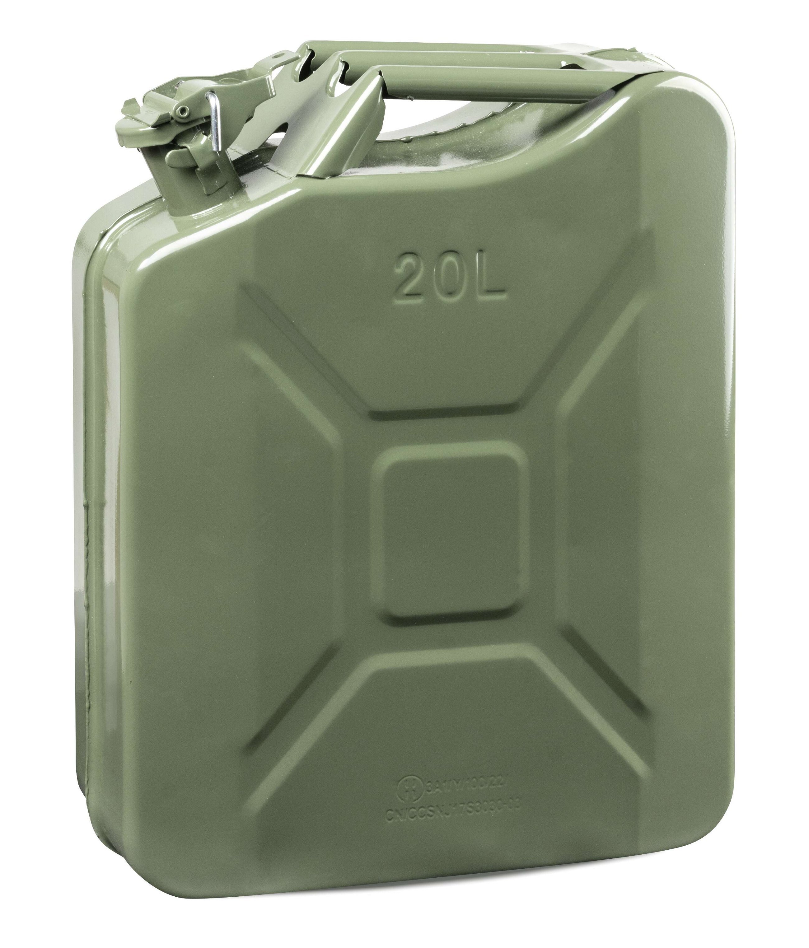 Benzinkanister Metall 20 Liter, Kraftstoffkanister, UN-zertifizierter Diesel Kanister mit Sicherheitsverschluss 3A1 olivegrün, 46x37x16 cm
