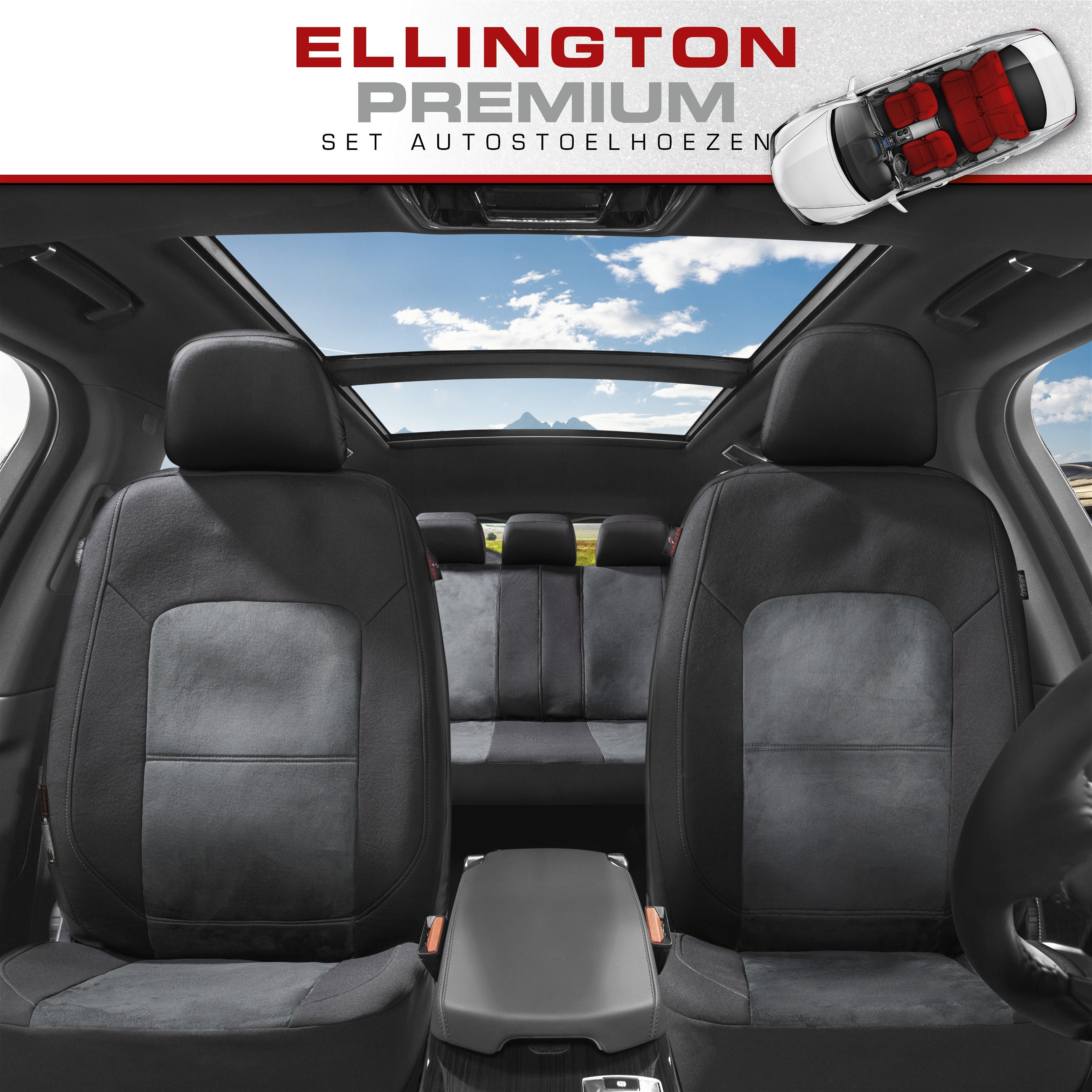 Premium Autostoelbekleding Ellington met Zipper ZIPP-IT, Autostoelhoes set, 2 stoelbeschermer voor voorstoel, 1 stoelbeschermer voor achterbank zwart/grijs 11865