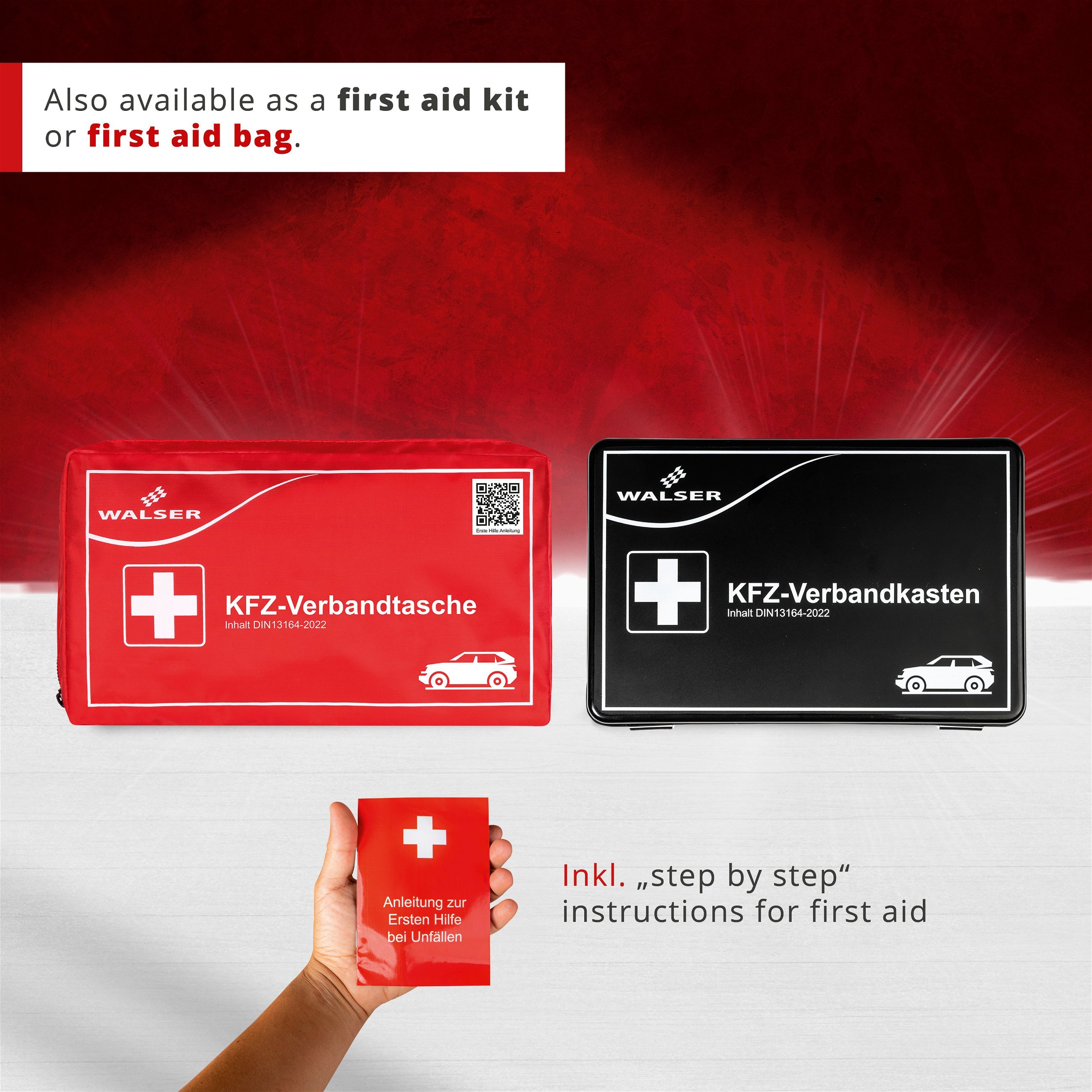Car first aid bag red according to DIN 13164:2022 incl. breakdown triangle and warning waistcoat, first aid set car