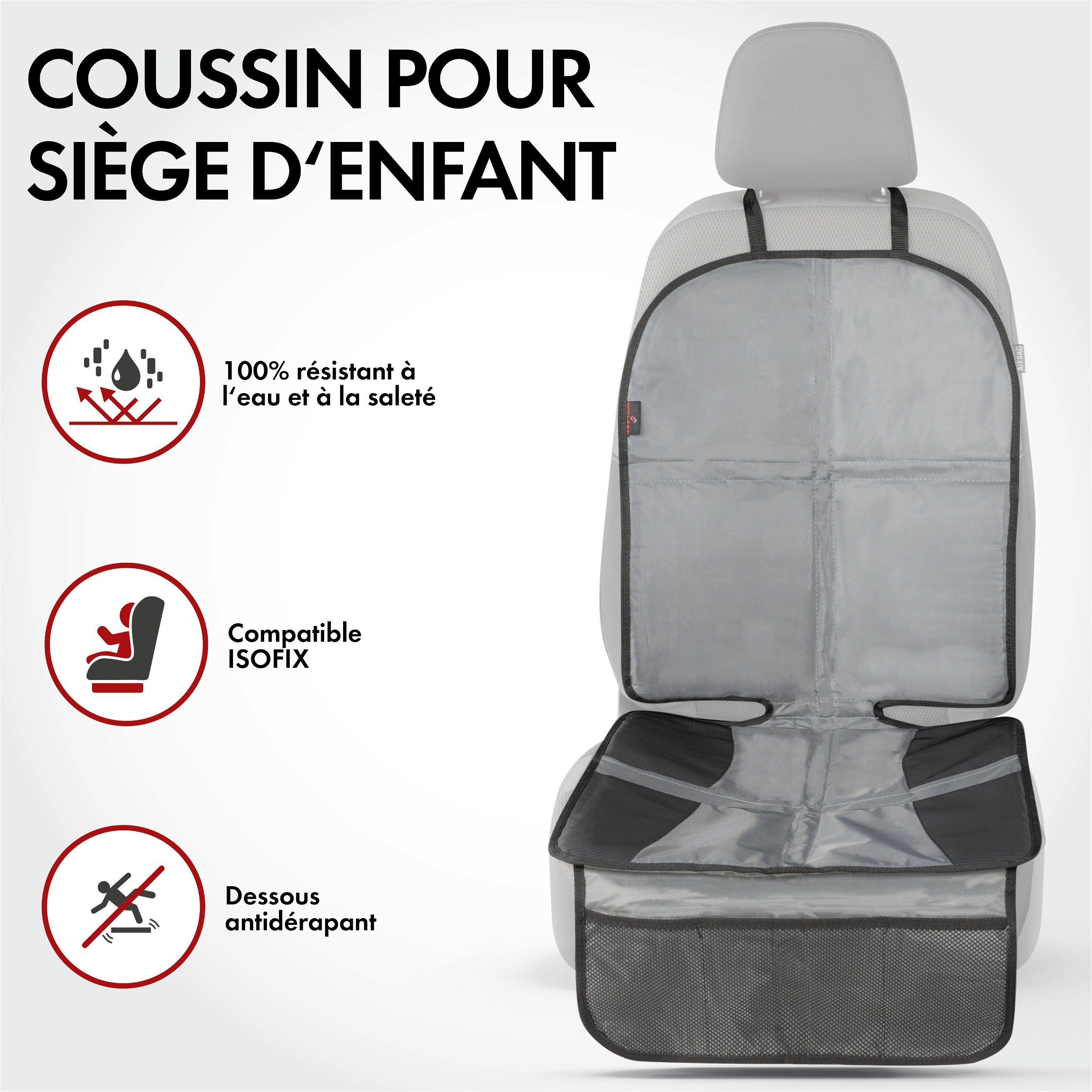 Coussin pour siège enfant Tidy Fred XL, tapis de protection pour siège enfant gris/noir