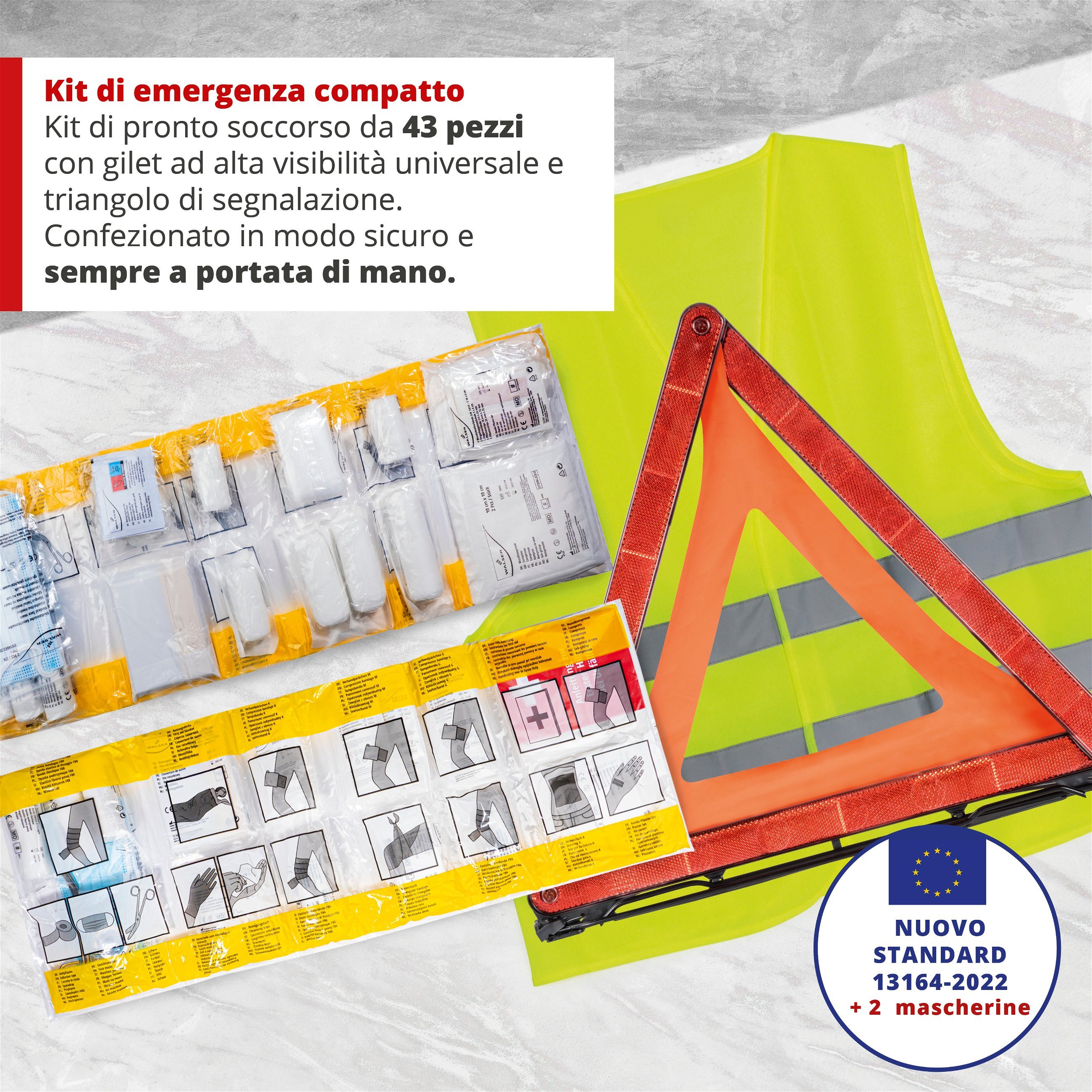Borsa di pronto soccorso auto rossa secondo DIN 13164:2022 con triangolo di soccorso e gilet di segnalazione, set di pronto soccorso auto