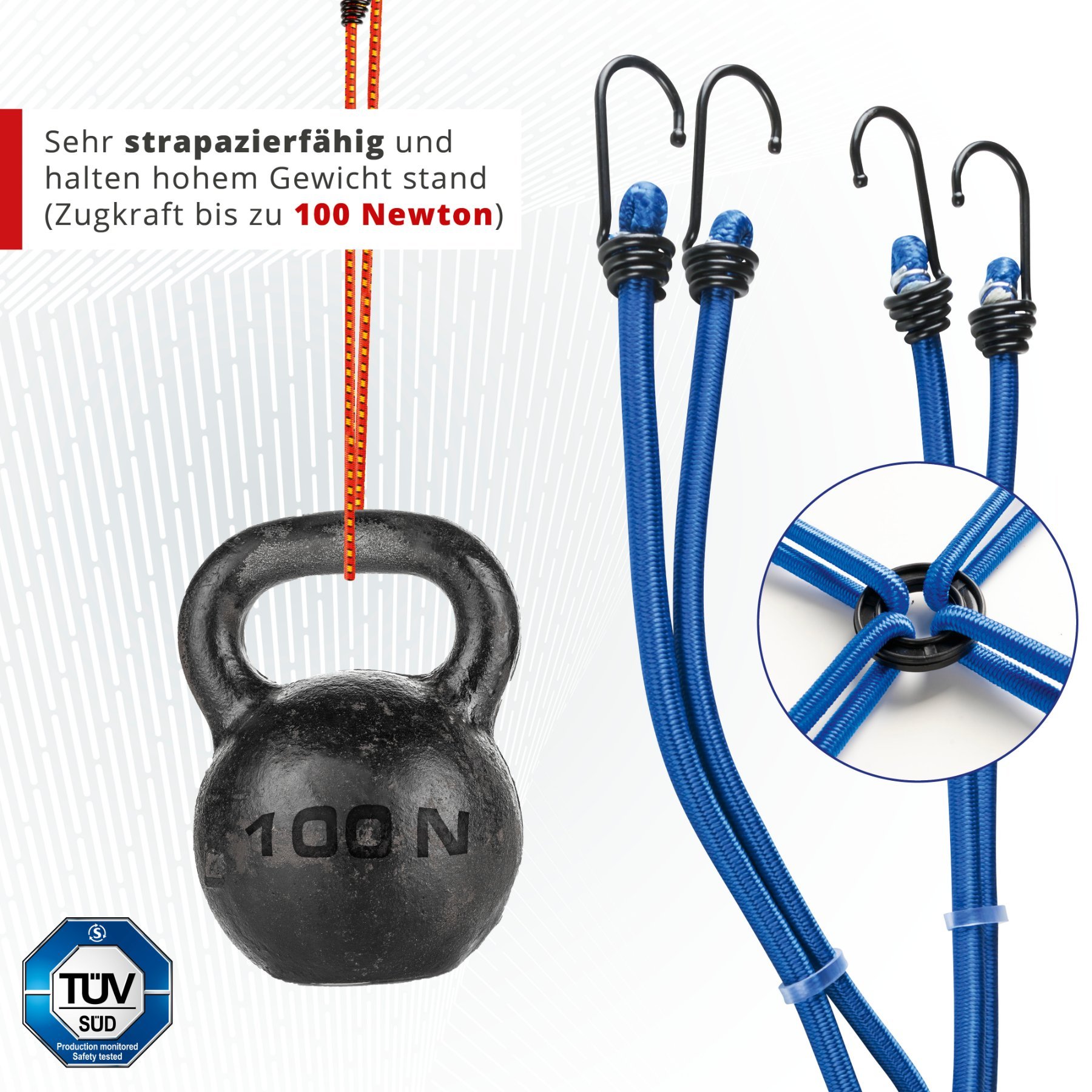 Gepäckspinne mit Haken, Spanngummi-Set, 8 Spanngurte 60 cm blau