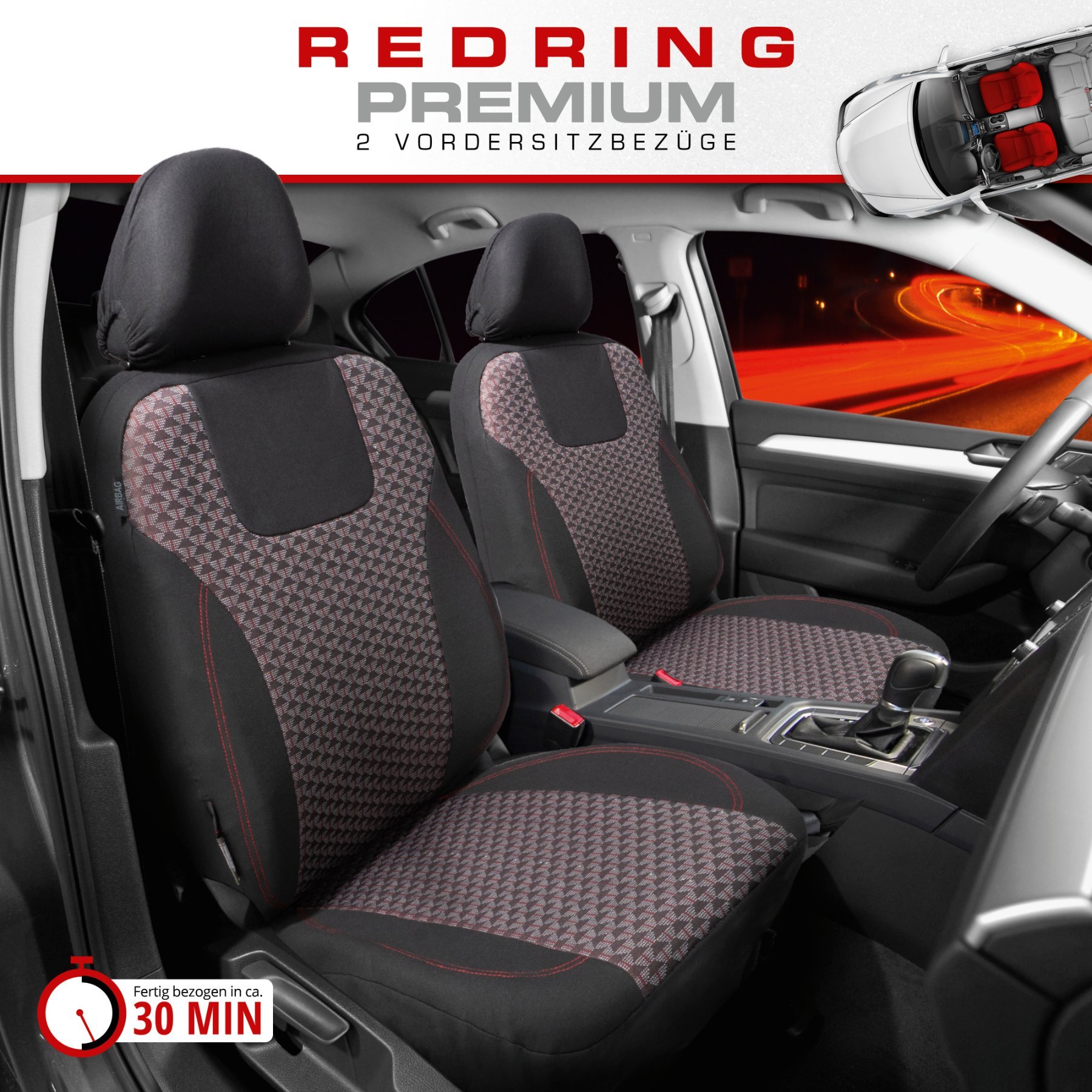 Autositzbezug ZIPP-IT Premium Redring, PKW-Schonbezüge für 2 Vordersitze mit Reißverschluss-System schwarz/rot