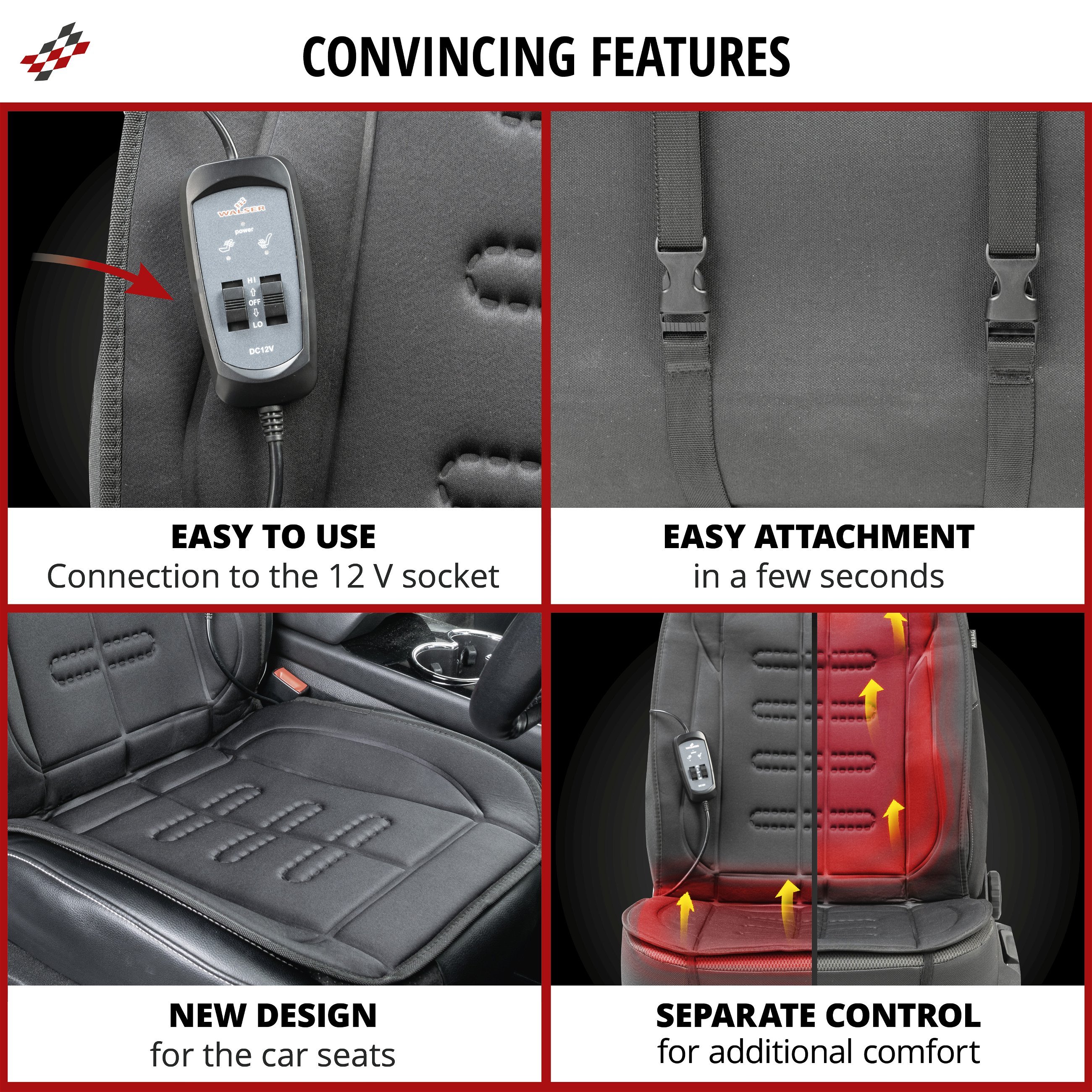 Car seat cover Caldo, seat cover backrest & seat part separately heatable, car seat heating pad with 12-volt plug