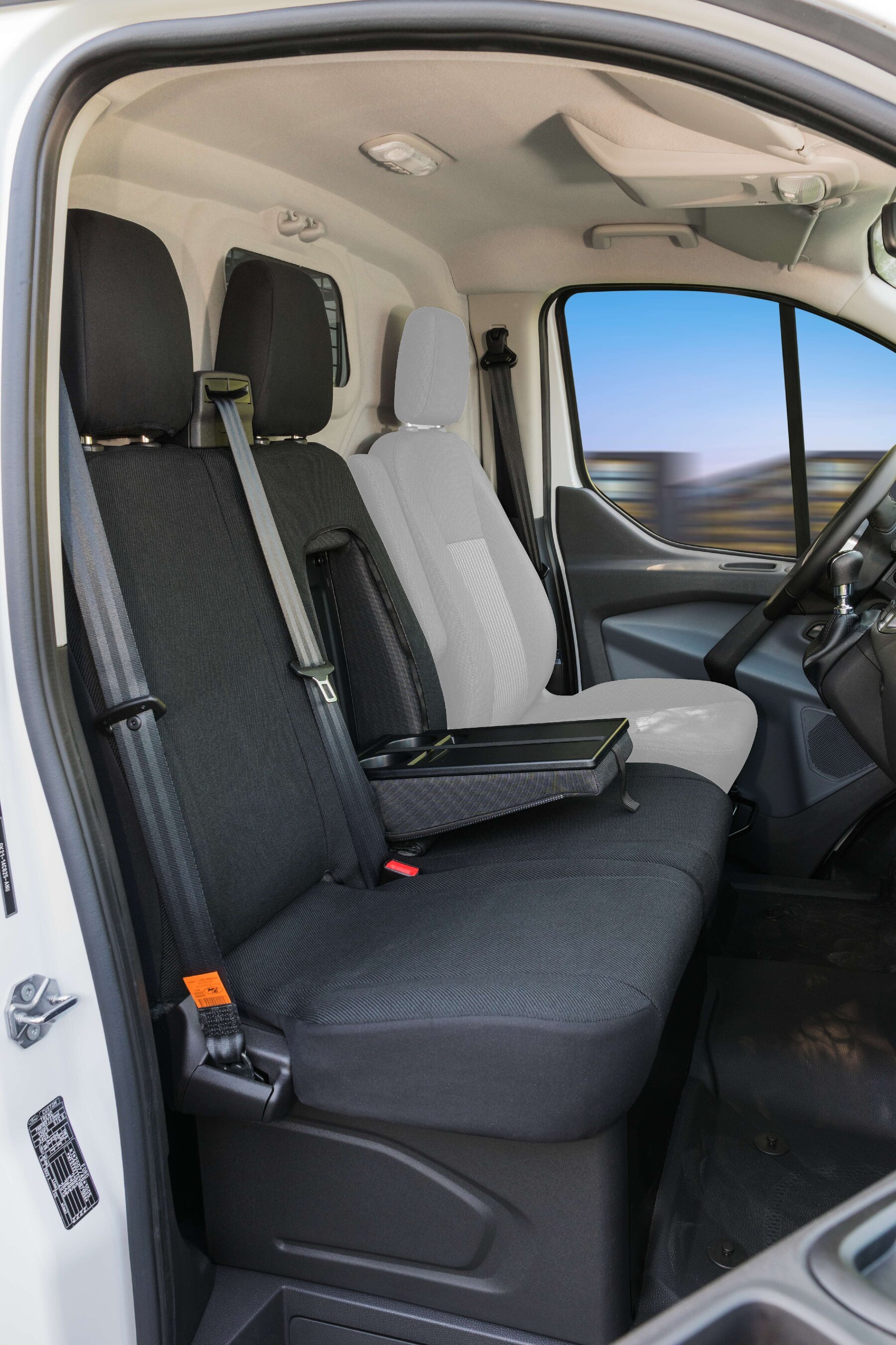Autostoelhoes Transporter Fit van stof antraciet geschikt voor Ford Transit, Dubbele Bank front