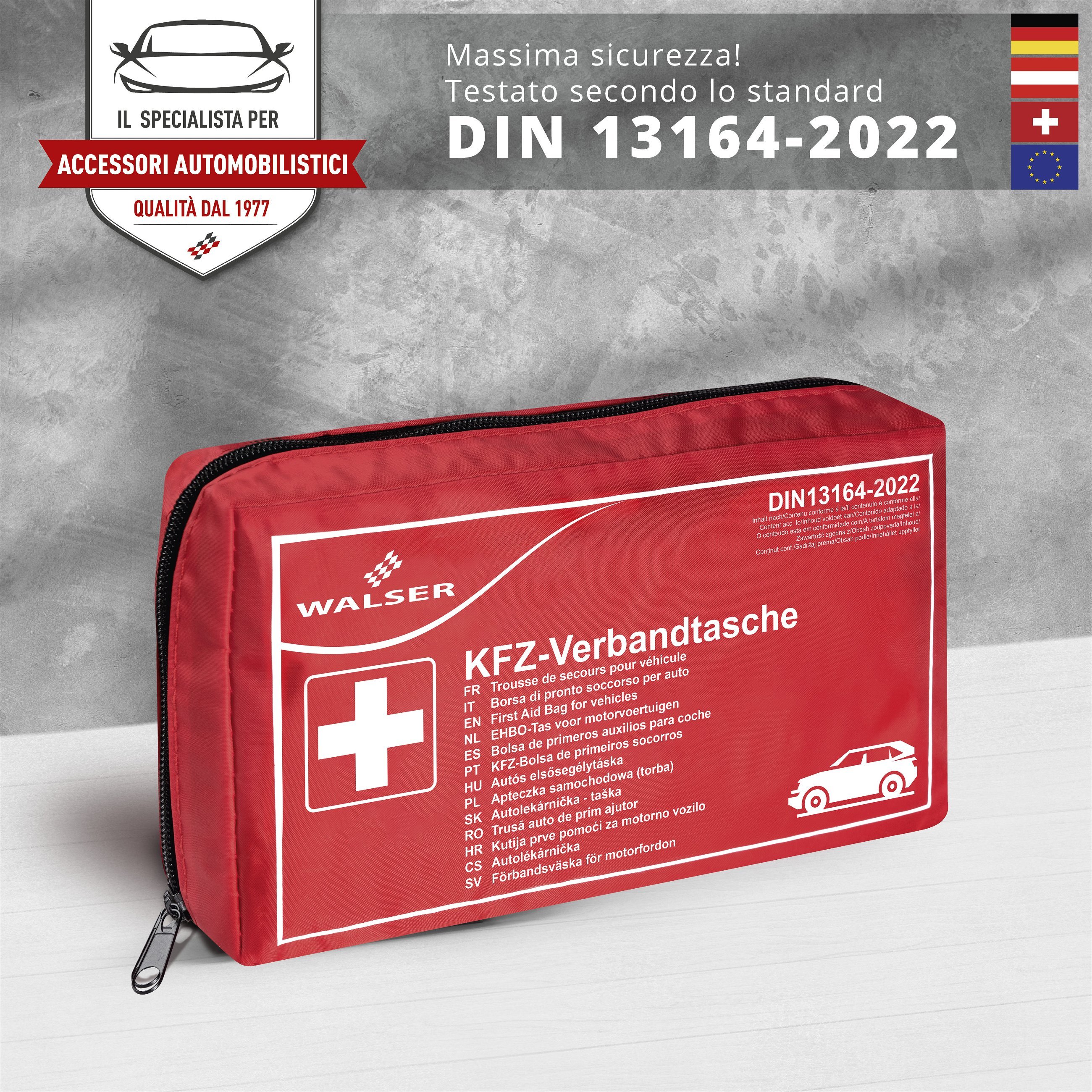 Borsa di pronto soccorso per auto rossa conforme alla norma DIN 13164:2022, Borsa di pronto soccorso per auto, set di emergenza per auto rosso