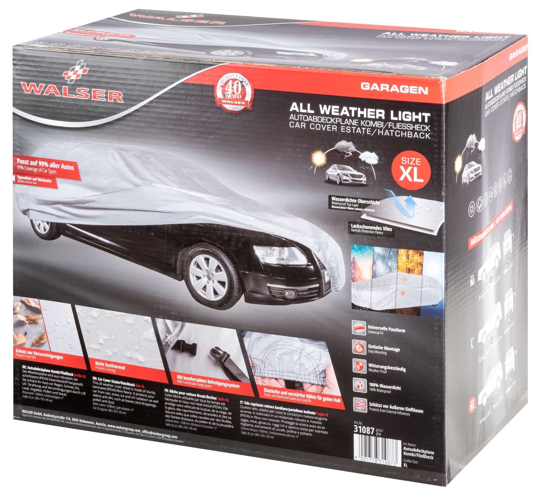 Autoafdekking AllWeatherr volledige garage stationwagen maat XL lichtgrijs, waterdichte autogarage, stofdicht met UV-bescherming, verstevigde gordelsluiting