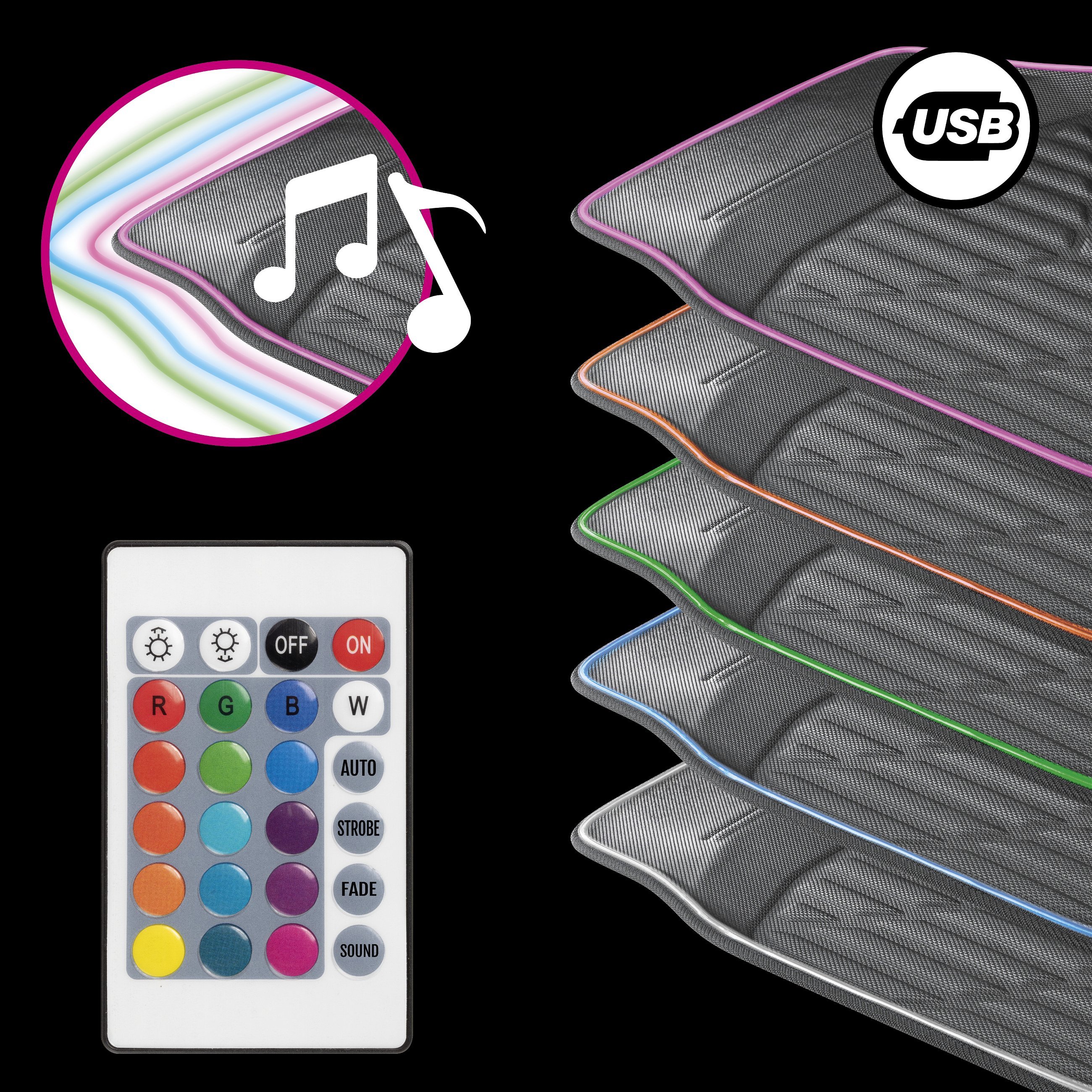 Tapis en caoutchouc LED Glow avec sélection des couleurs, diverses fonctions d'éclairage et télécommande pour un éclairage d'ambiance