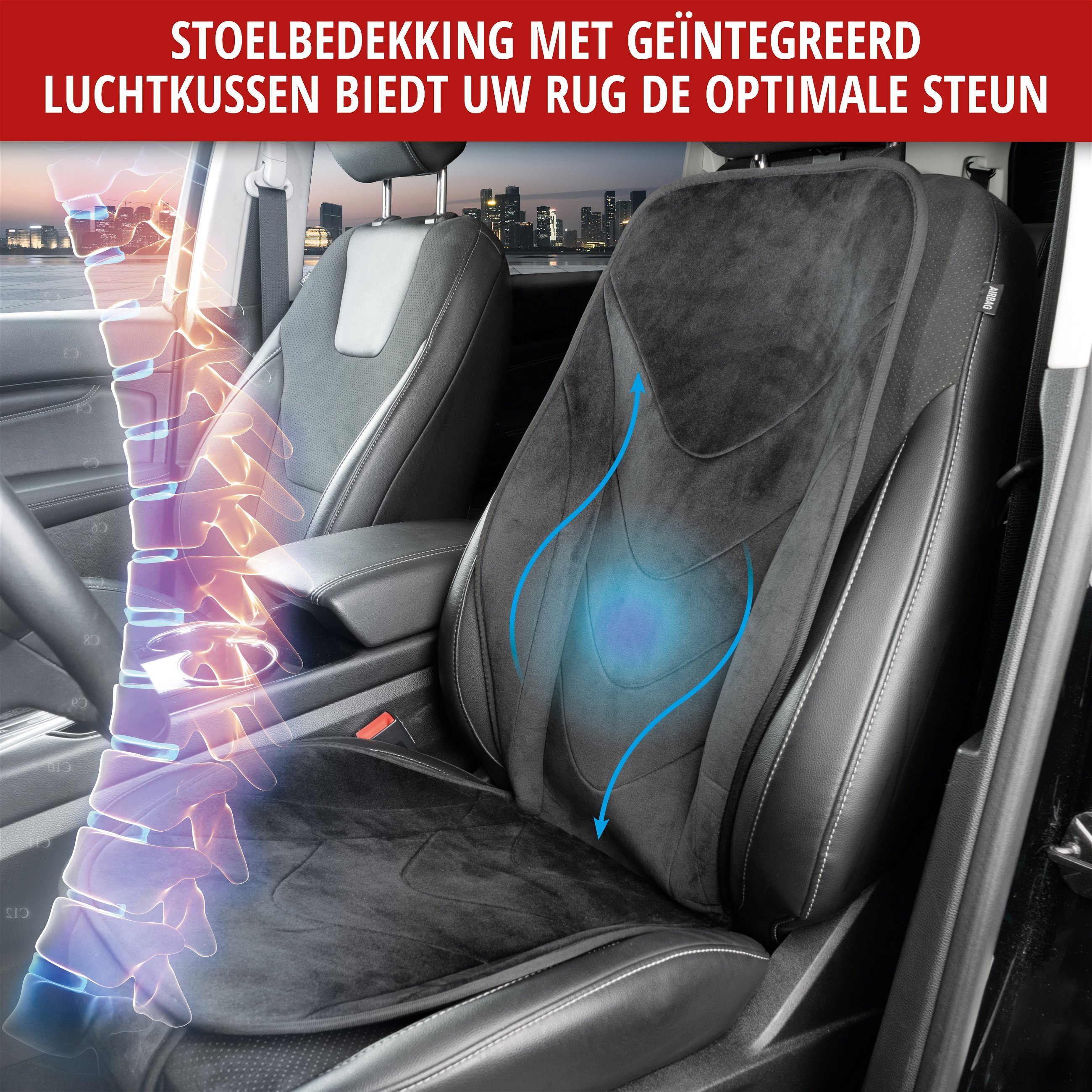 Autostoelhoes Air Flow, ergonomische stoelbeschermer, lendenwervelbescherming, universele stoelhoes voor auto's, kleur: zwart
