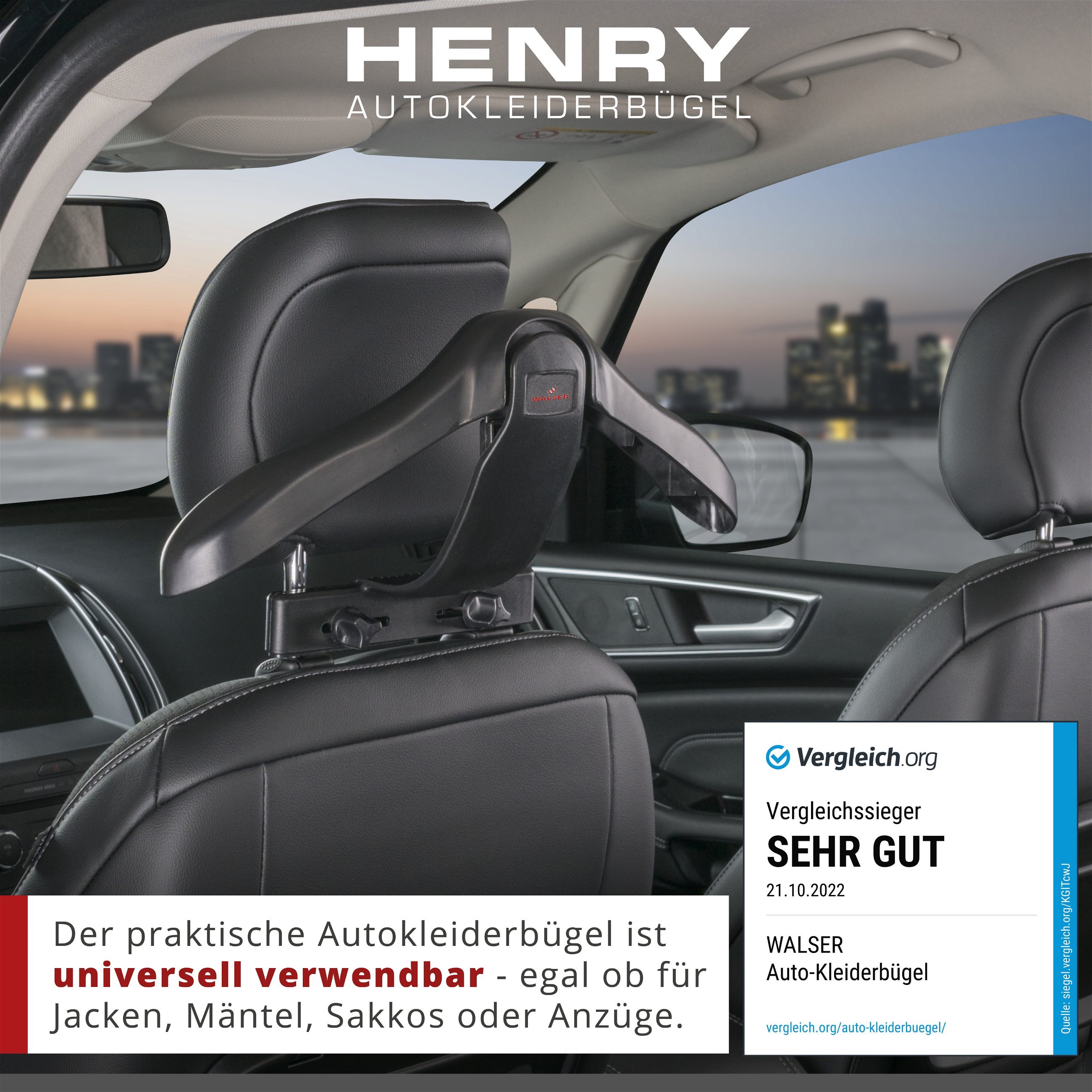Auto-Kleiderbügel Henry, PKW-Kleiderbügel, Jackenhalter für Kopfstütze ausziehbar 45x7,5x26 cm schwarz