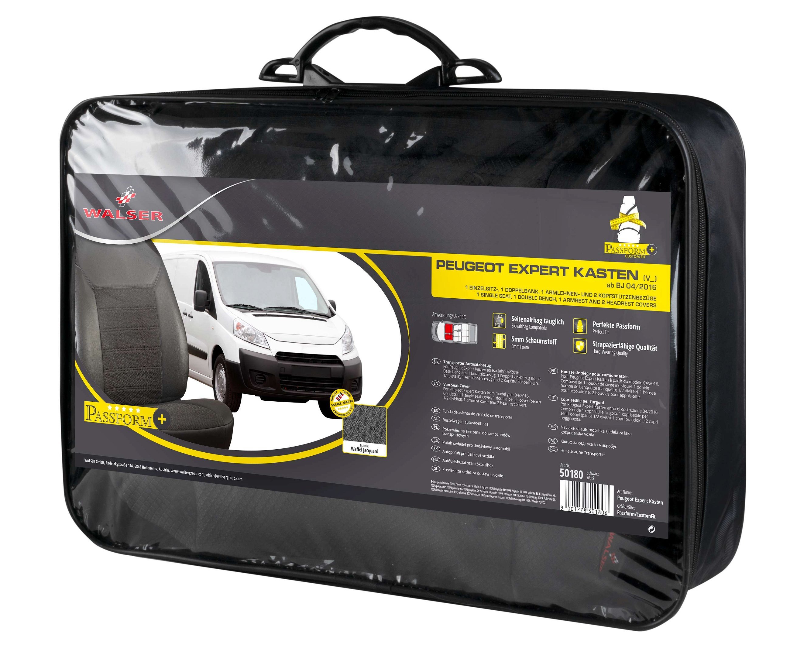 Premium Seat Cover for Peugeot Expert 2016-Today, 1 single seat cover front + armrest cover, 1 double bench cover