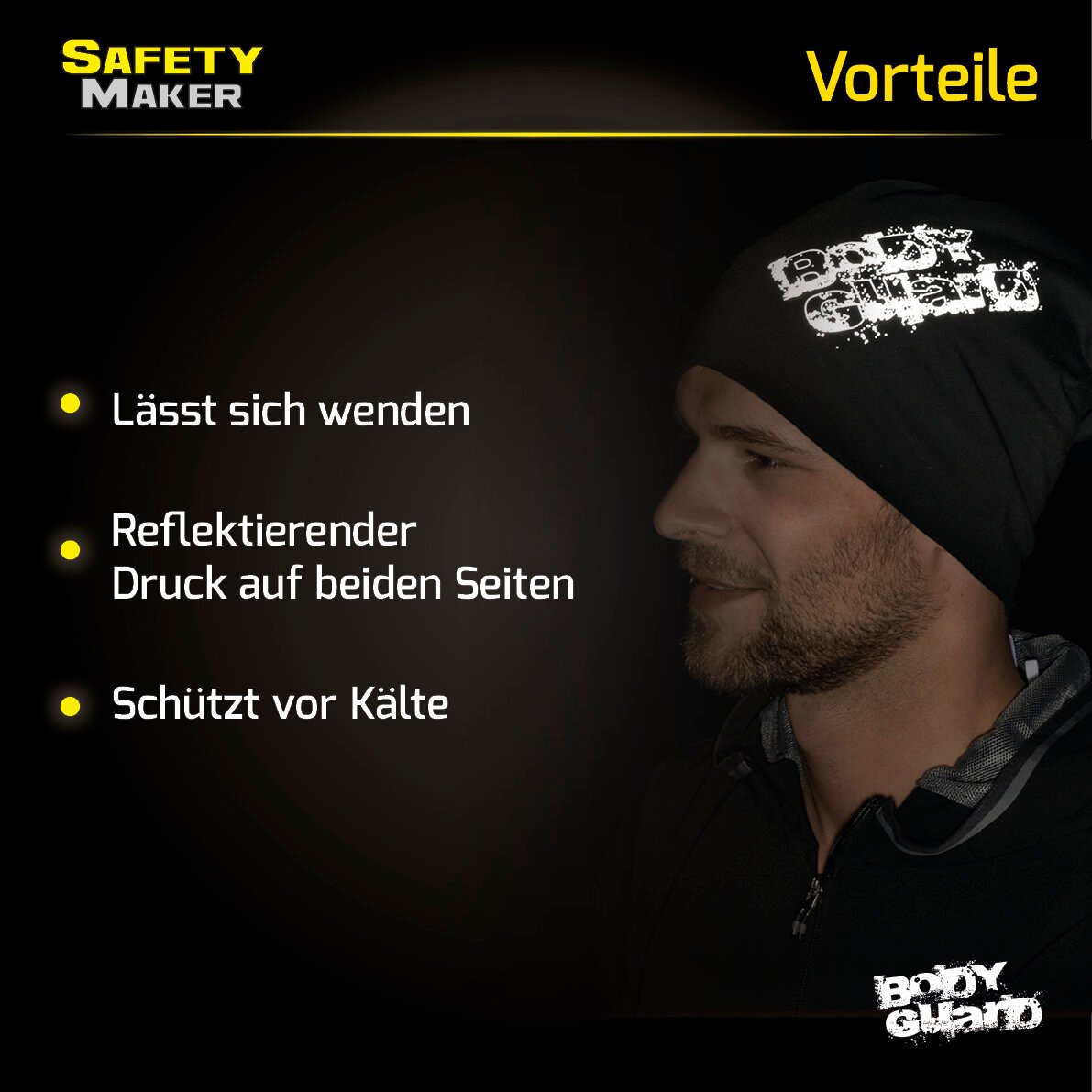 Wende Beanie, Mütze, Sportmütze mit reflektierendem Druck schwarz-silber