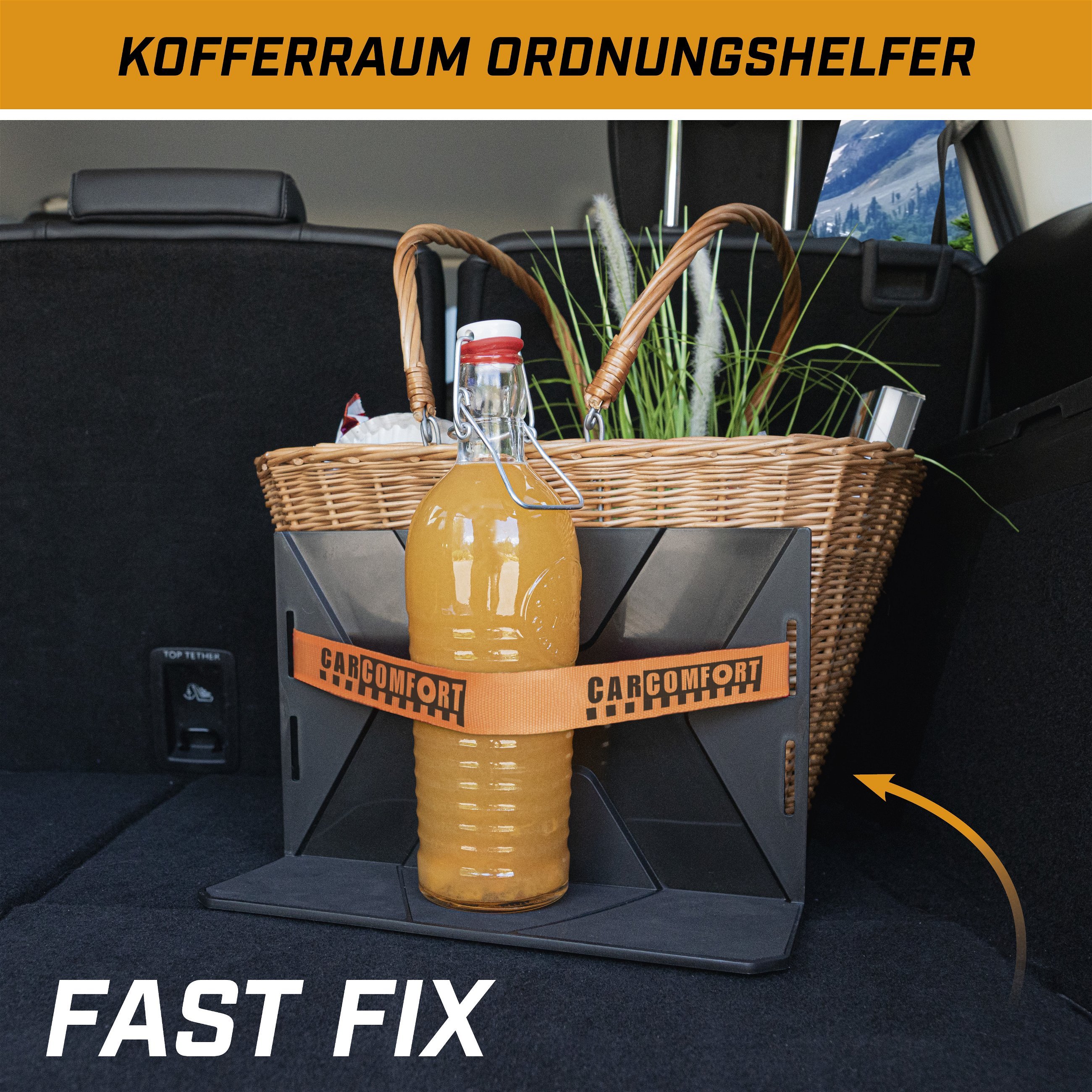 Kofferraum Ordnungshelfer FastFix L, Ladungshilfe mit Gurt schwarz/orange, Ablagen und Halterungen, Komfort im Auto, Komfort & Zubehör