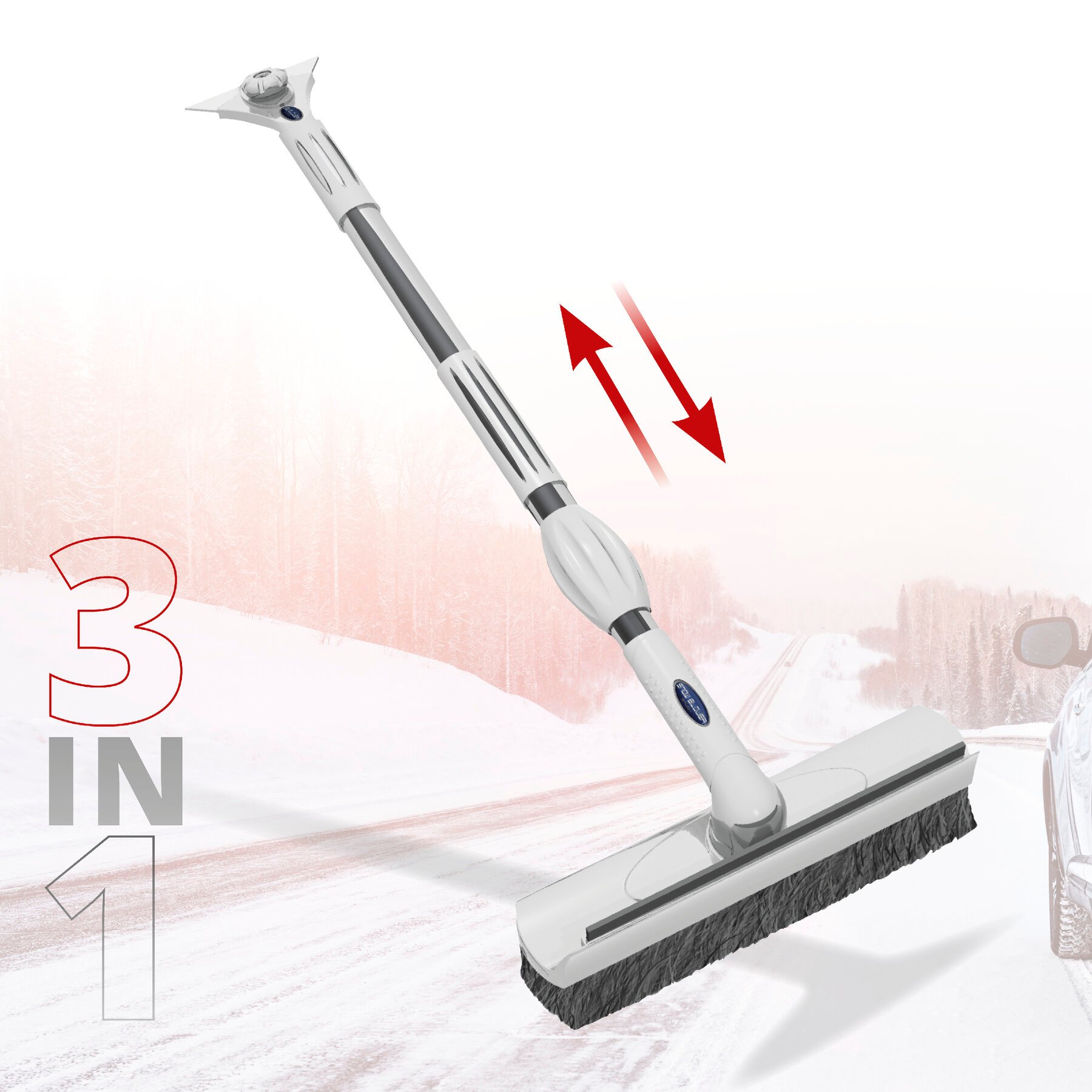 Sneeuwborstel 3in1 met ijskrabber en rubberen lip, robuuste ijskrabber, sneeuwbezem met telescopische steel 60-75 cm