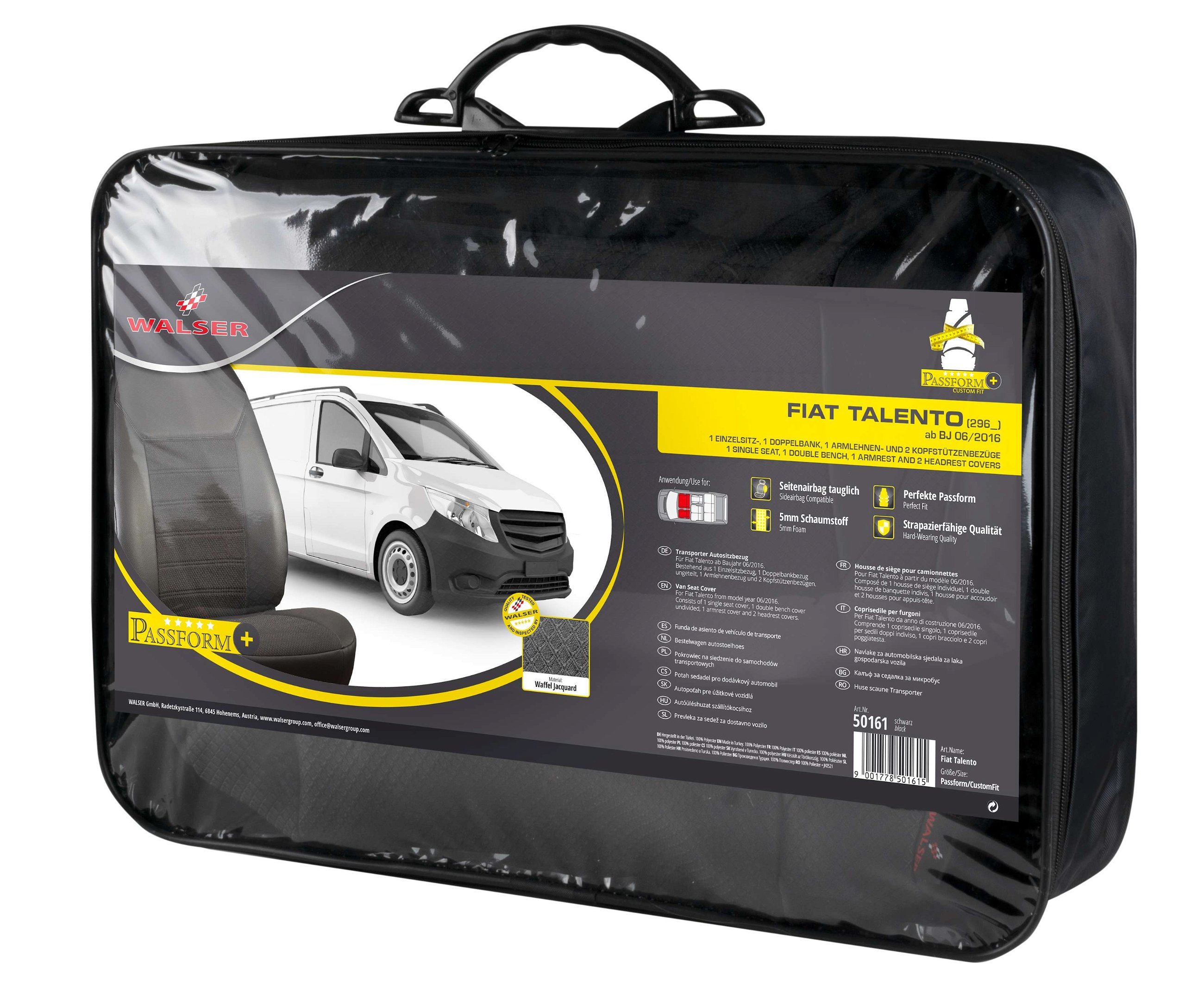 Premium Housse de siège pour Fiat Talento 06/2016- auj., 1 housse de siège simple avant + housse d'accoudoir, 1 couverture de banc double