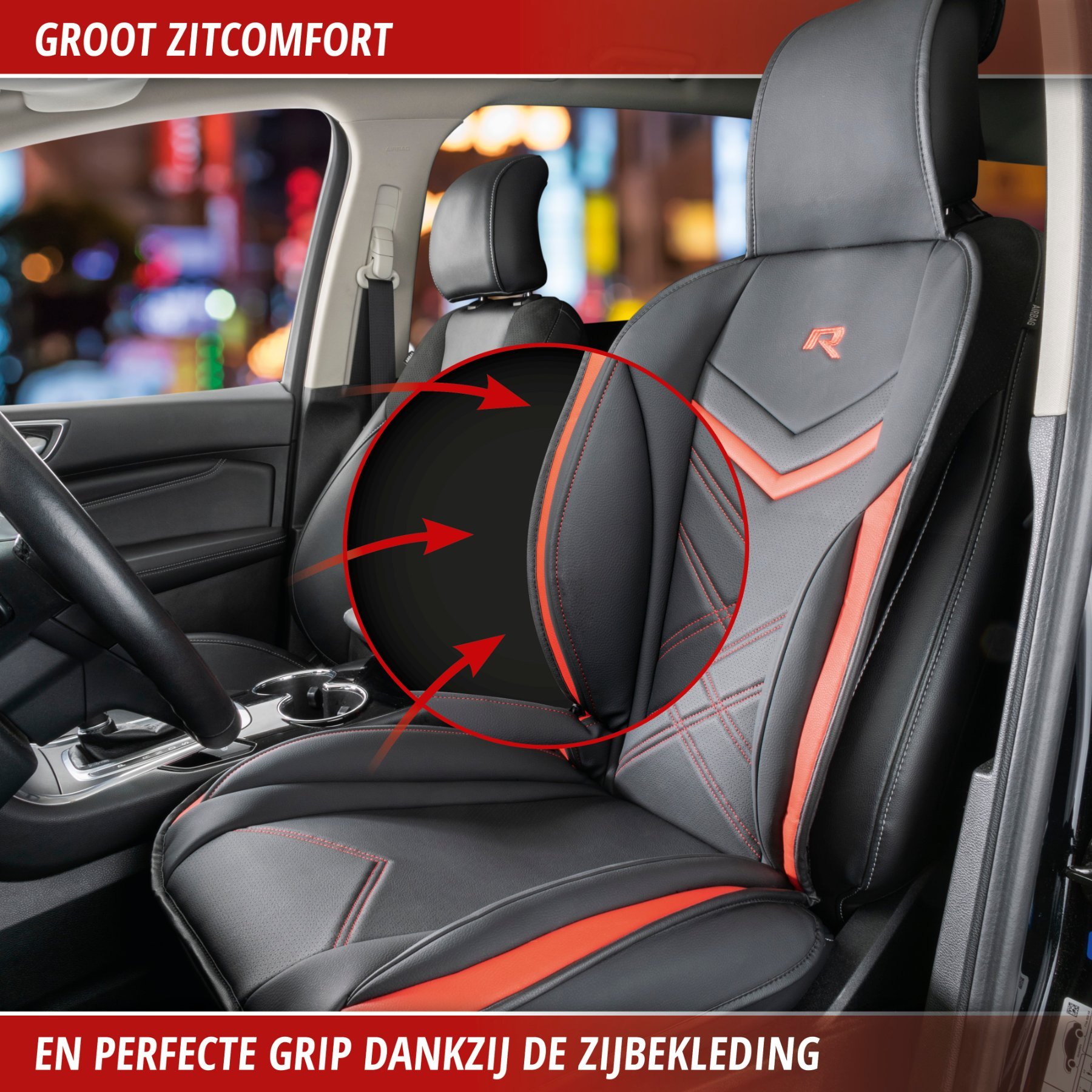 Autostoelhoes, universele stoelhoes en beschermmat in zwart-rood, stoelbeschermer voor auto's en vrachtwagens in racing look