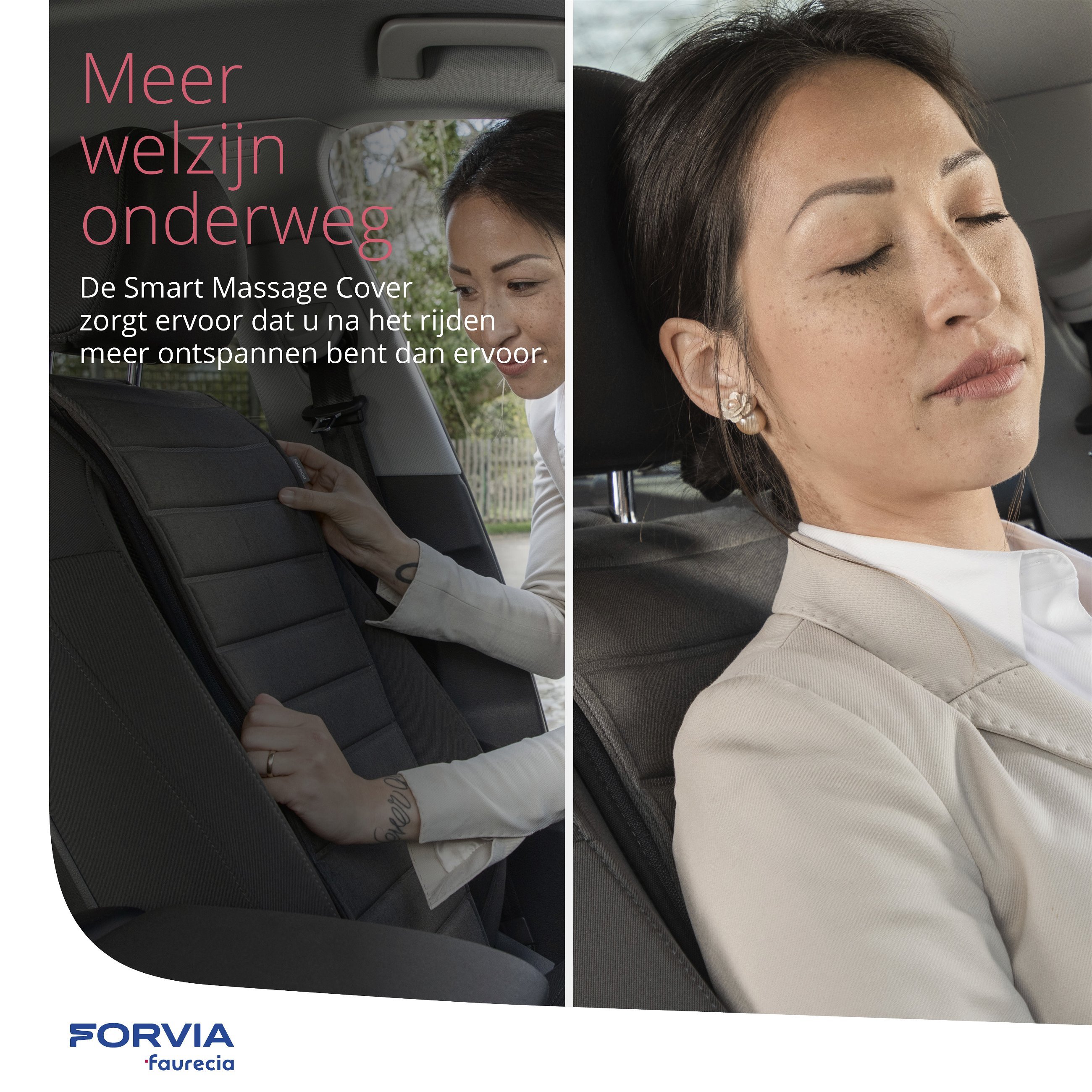 Faurecia Smart Massage Cover, autostoelbedekking met massage met app-besturing en geïntegreerde accu, stoelbedekking voor personenauto's gecertificeerd door de Actie gezonde rug