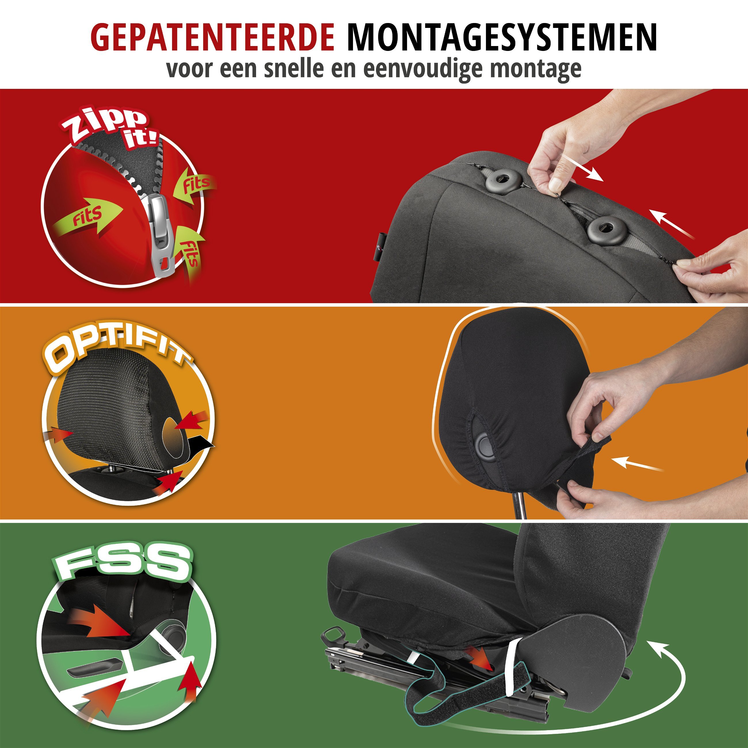 Premium autozetelhoezen Avignon met rits, ZIPP-IT zetelhoezen, 2 zetelhoezen vooraan zwart/zilver