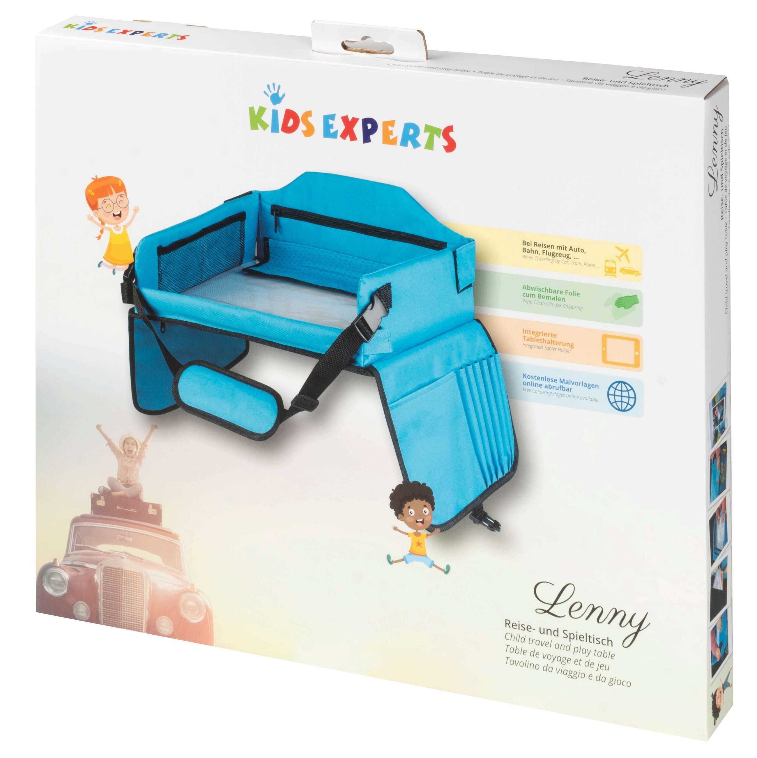 Children's travel play table for the car with tablet holder blue