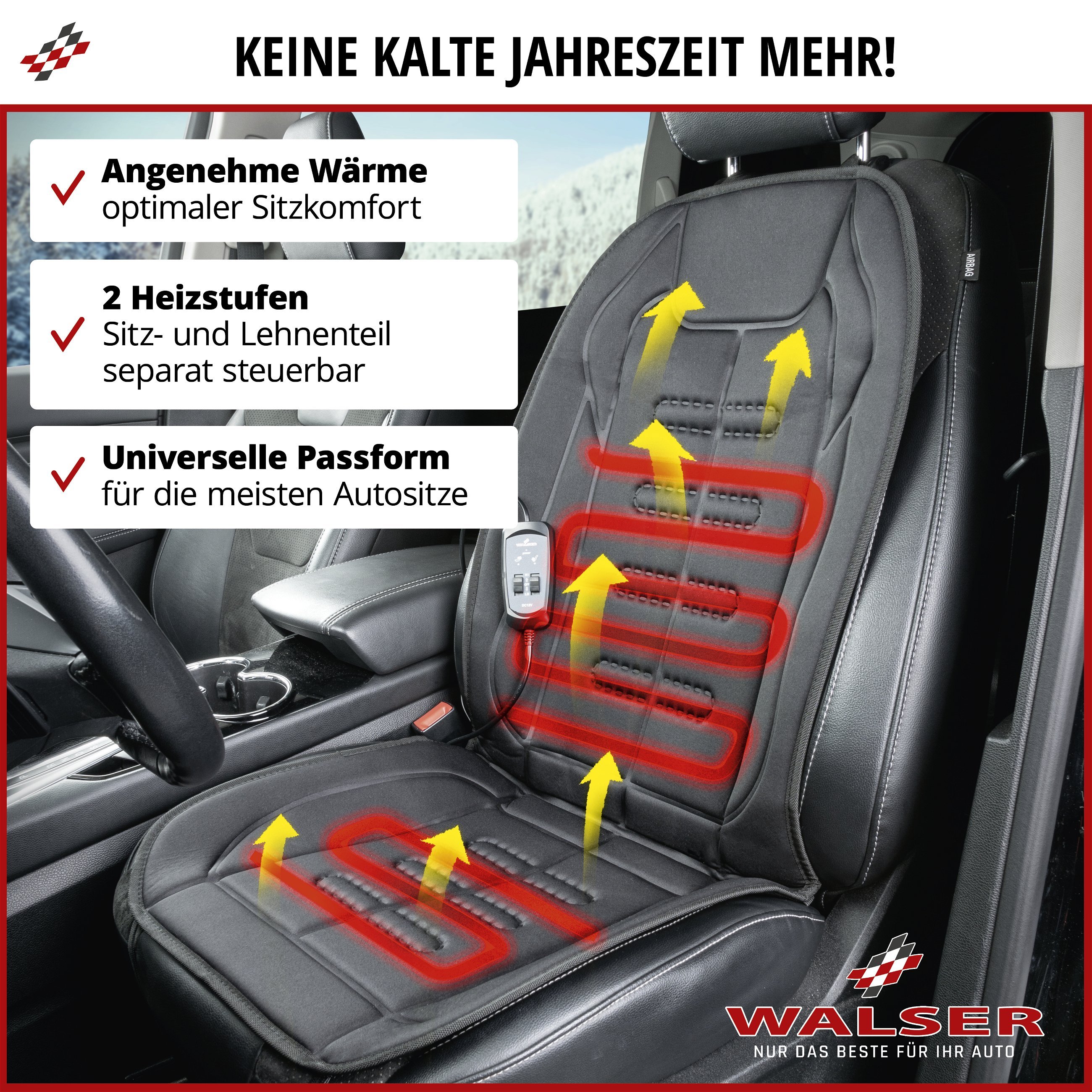 PKW Sitzauflage Caldo, Sitzaufleger Lehne & Sitzteil separat beheizbar, Autositz Heizkissen mit 12-Volt-Stecker