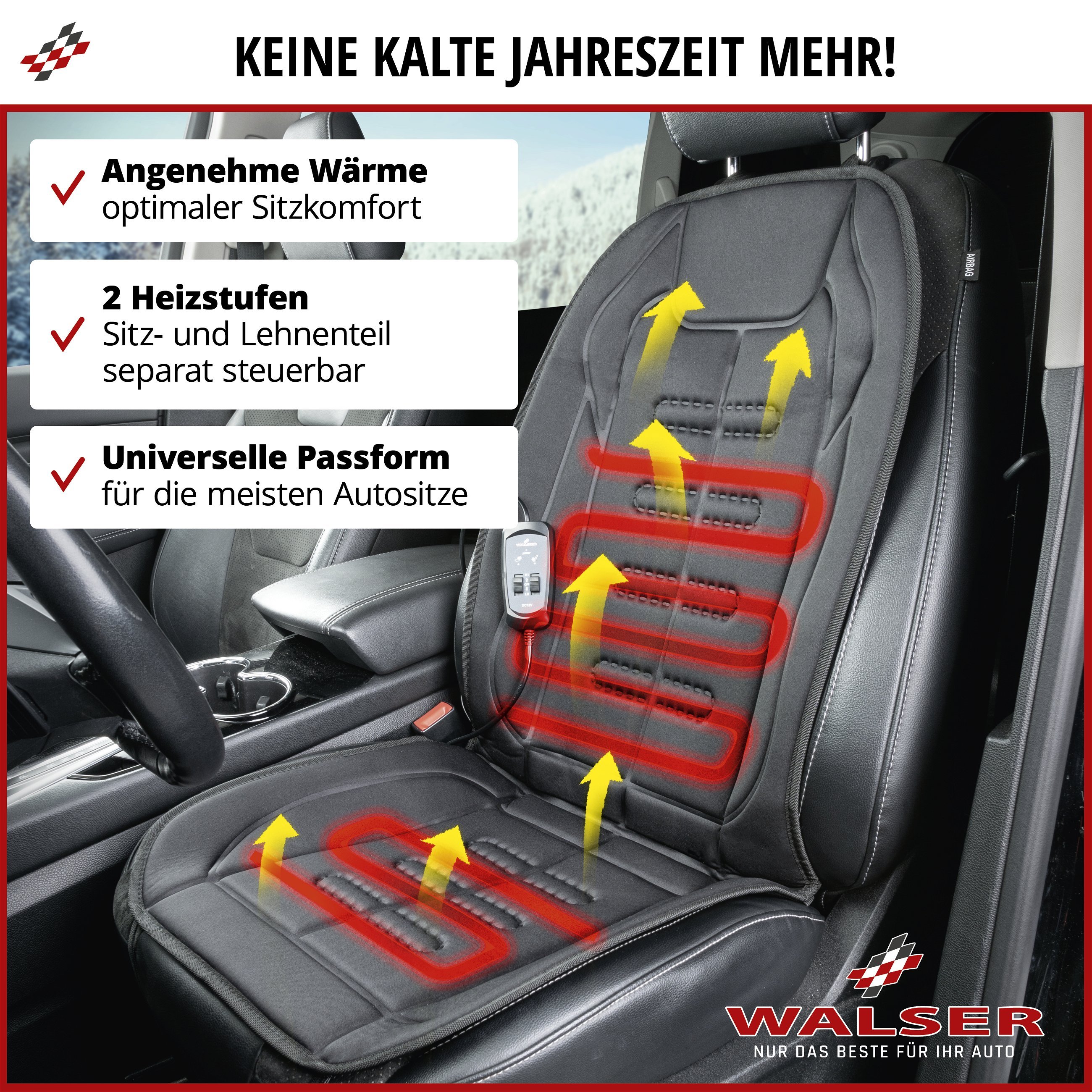 Premium Sitzauflage beheizbar, Modell Caldo - Sitzlehne & Sitzfläche  individuell beheizbar, 2 Heizstufen wählbar, Auto Sitzheizung mit 12-Volt-Stecker