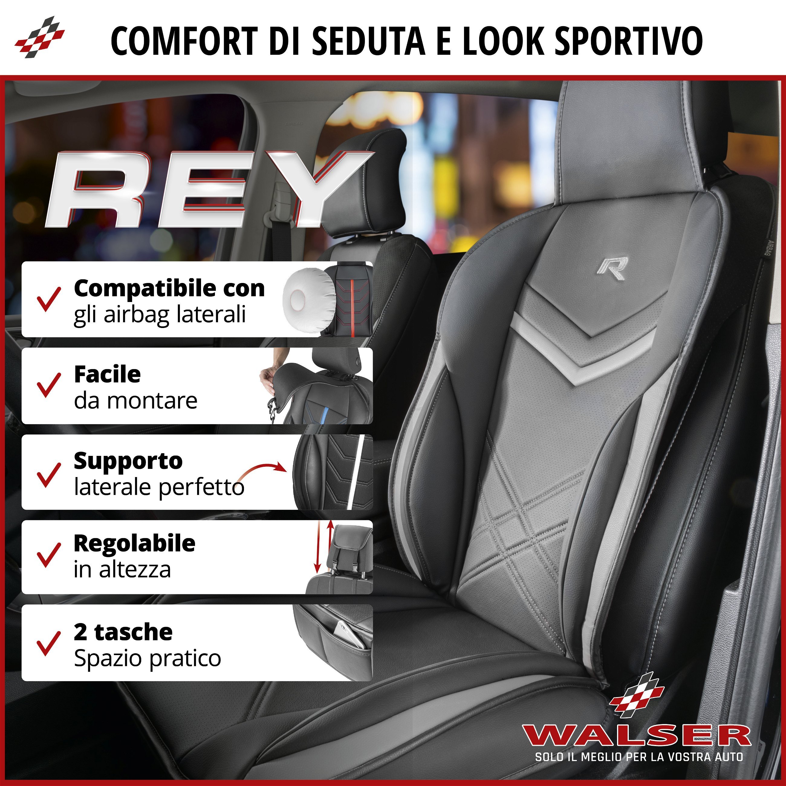 Coprisedili per auto Rey nero/grigio