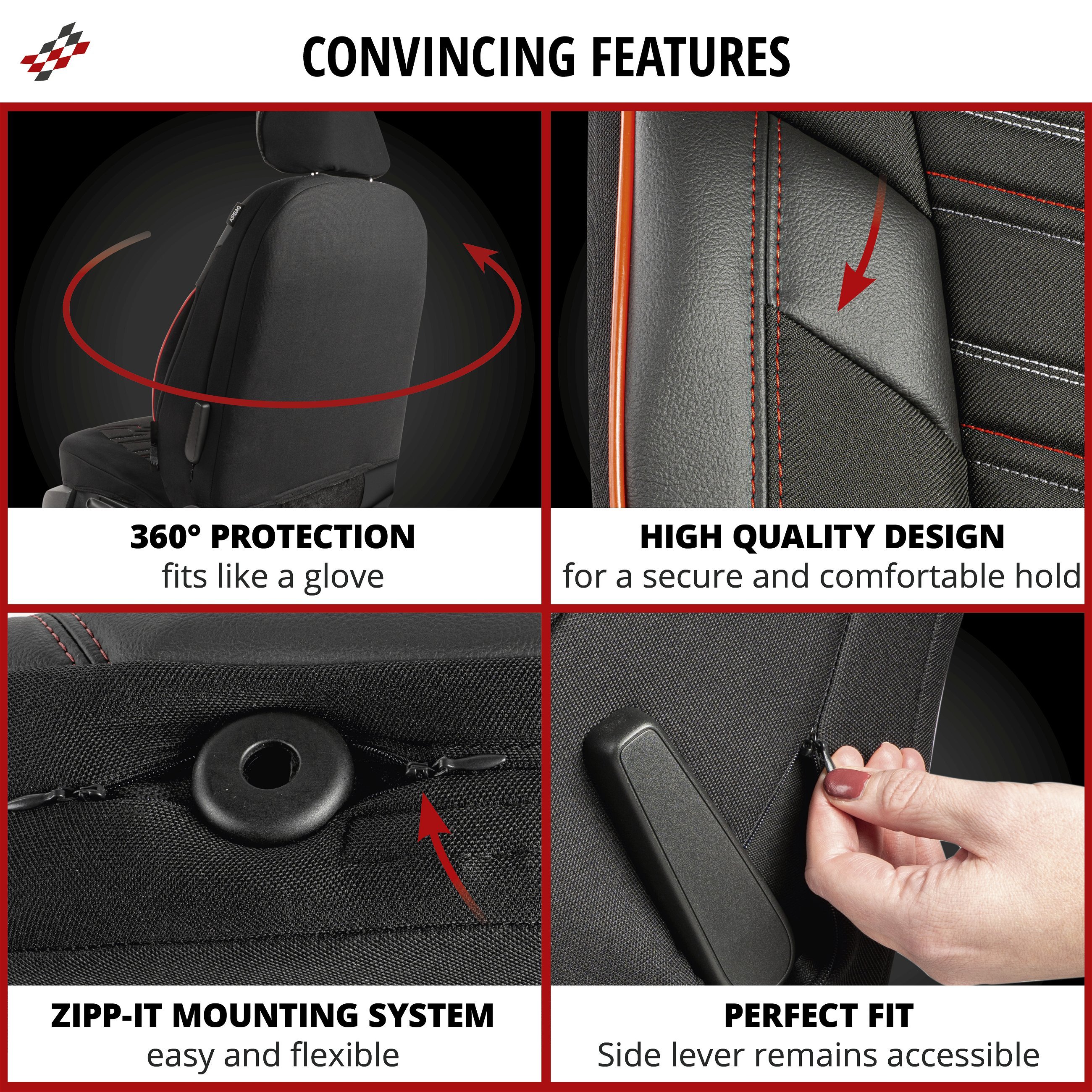 ZIPP IT Premium Car seat covers Marbella for two front seats with zip-system black/red