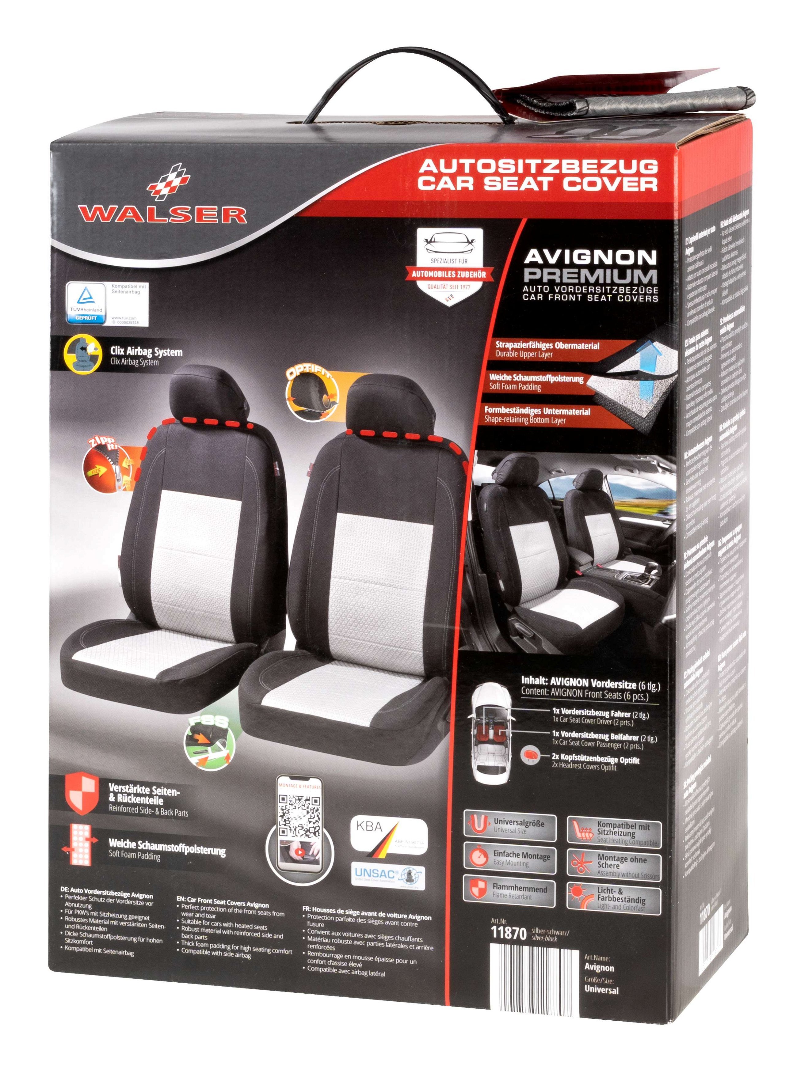 Autositzbezug ZIPP-IT Premium Avignon, PKW-Schonbezüge für 2 Vordersitze mit Reißverschluss-System schwarz/silber