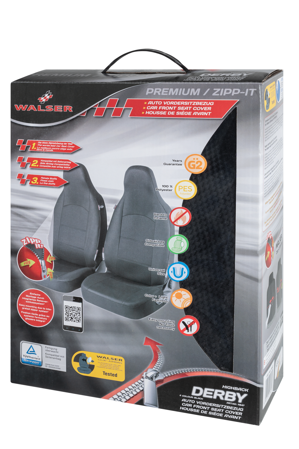 Auto stoelbeschermer Derby met Zipper ZIPP-IT Premium Autostoelhoes Highbacksitze, 2 stoelbeschermer voor voorstoel zwart
