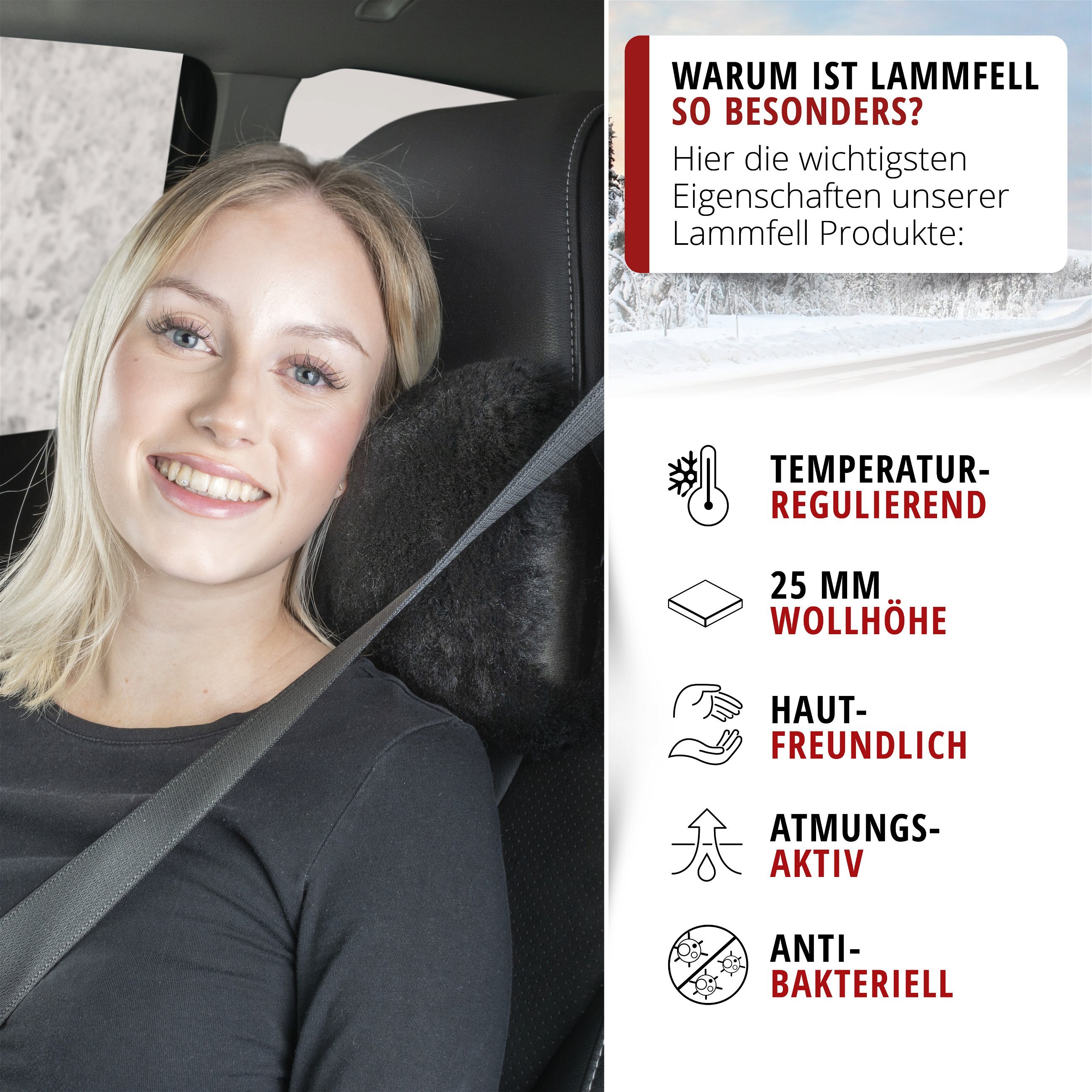 Nackenstütze Mila aus Lammfell, Nackenkissen-Auto, Lammfell-Reisekissen schwarz