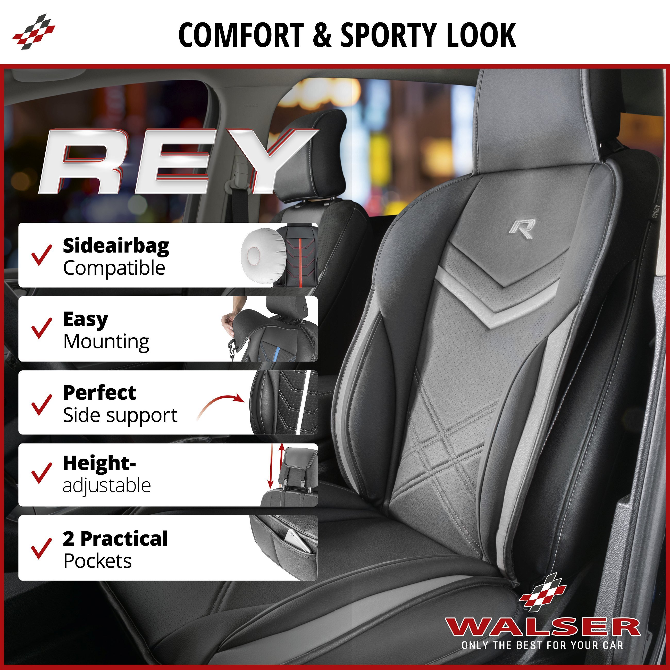 Rey car seat cushion in black-grey
